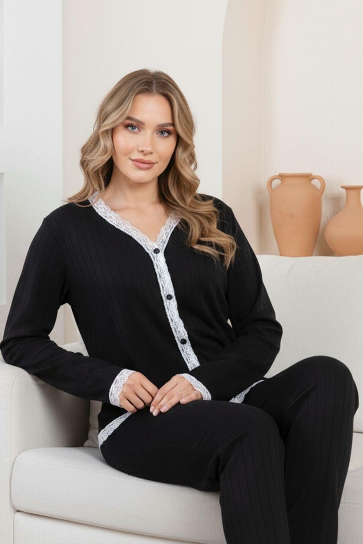 Kadın Dantel Detaylı Ribana Pijama Takımı – Uzun Kollu, Şık ve Rahat Ev Giyim