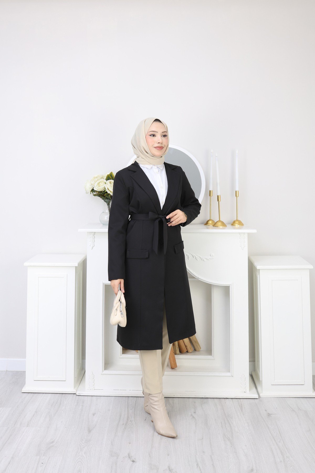 Kadın Kuşaklı Uzun Blazer Kaban – Tesettür Şık Kap Modeli-ASTARLI