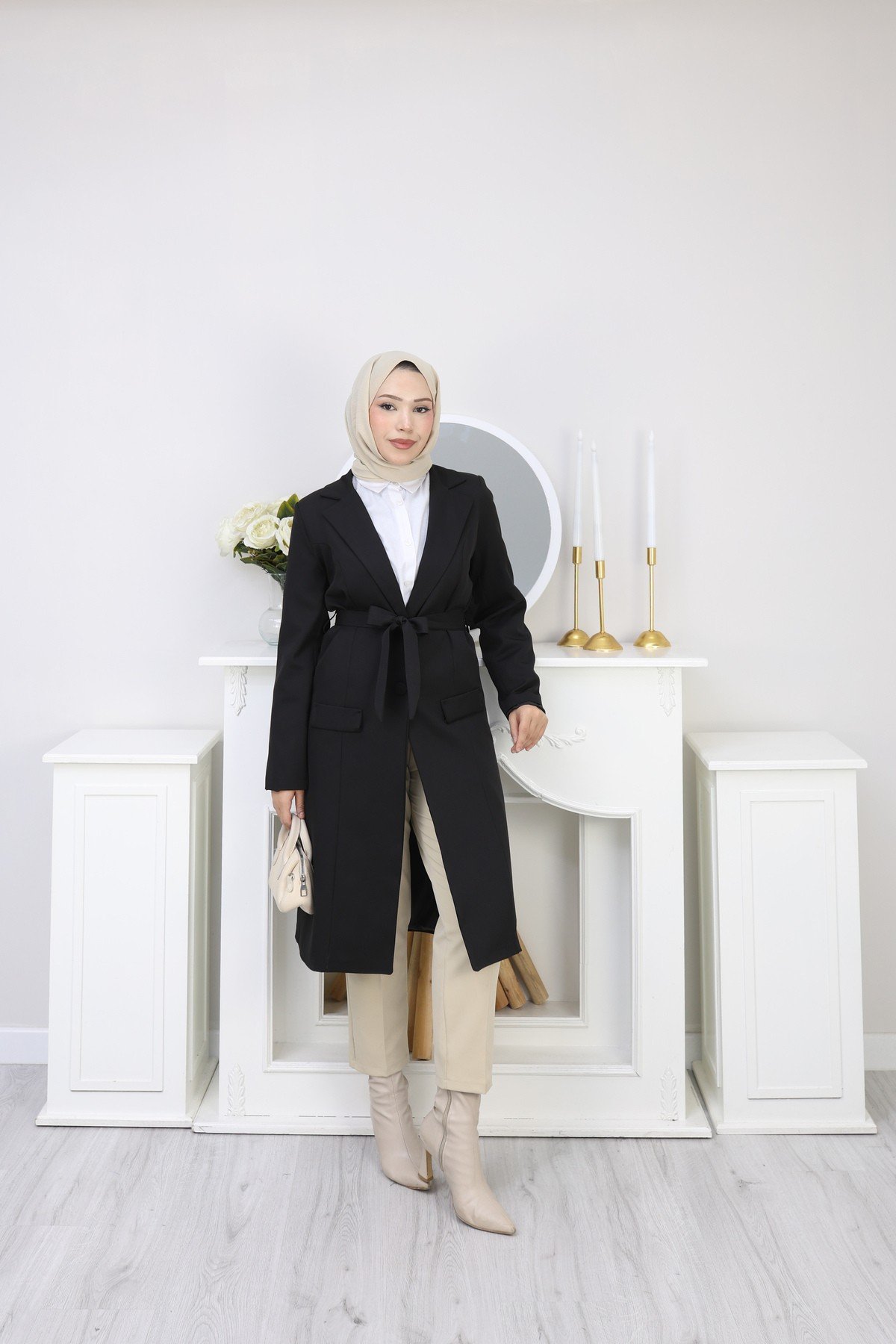 Kadın Kuşaklı Uzun Blazer Kaban – Tesettür Şık Kap Modeli-ASTARLI