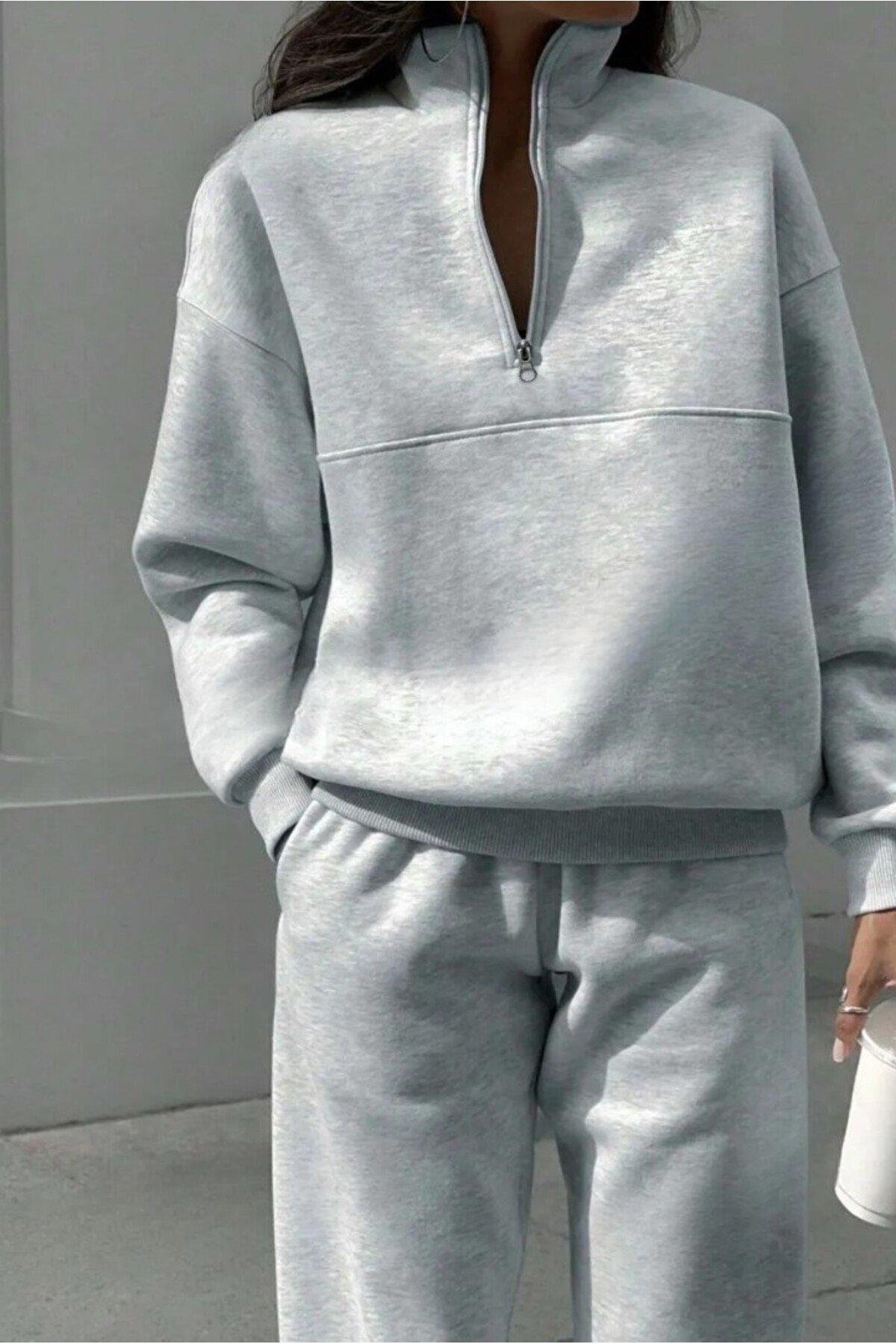Kadın Yarım Fermuarlı 3 İplik Şardonlu Eşofman Takımı – Dik Yaka Sweatshirt & Jogger Pantolon