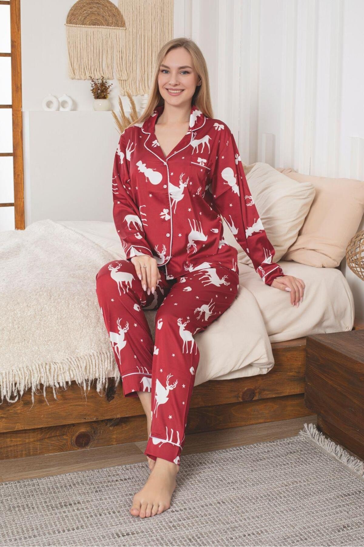 Yılbaşı Temalı Kadın Pijama Seti- SATEN KUMAŞ