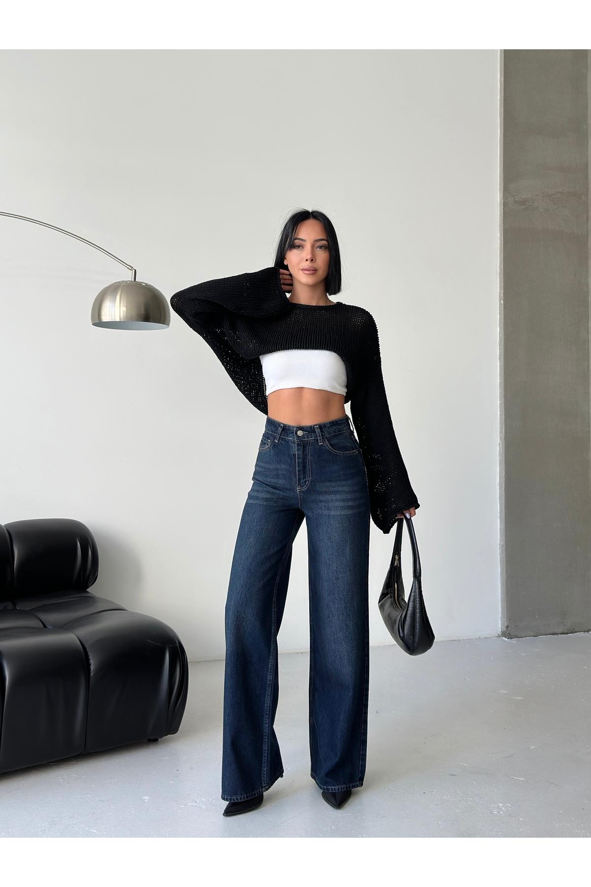 Yüksek Bel Geniş Paça Koyu Mavi Denim Jean-0164