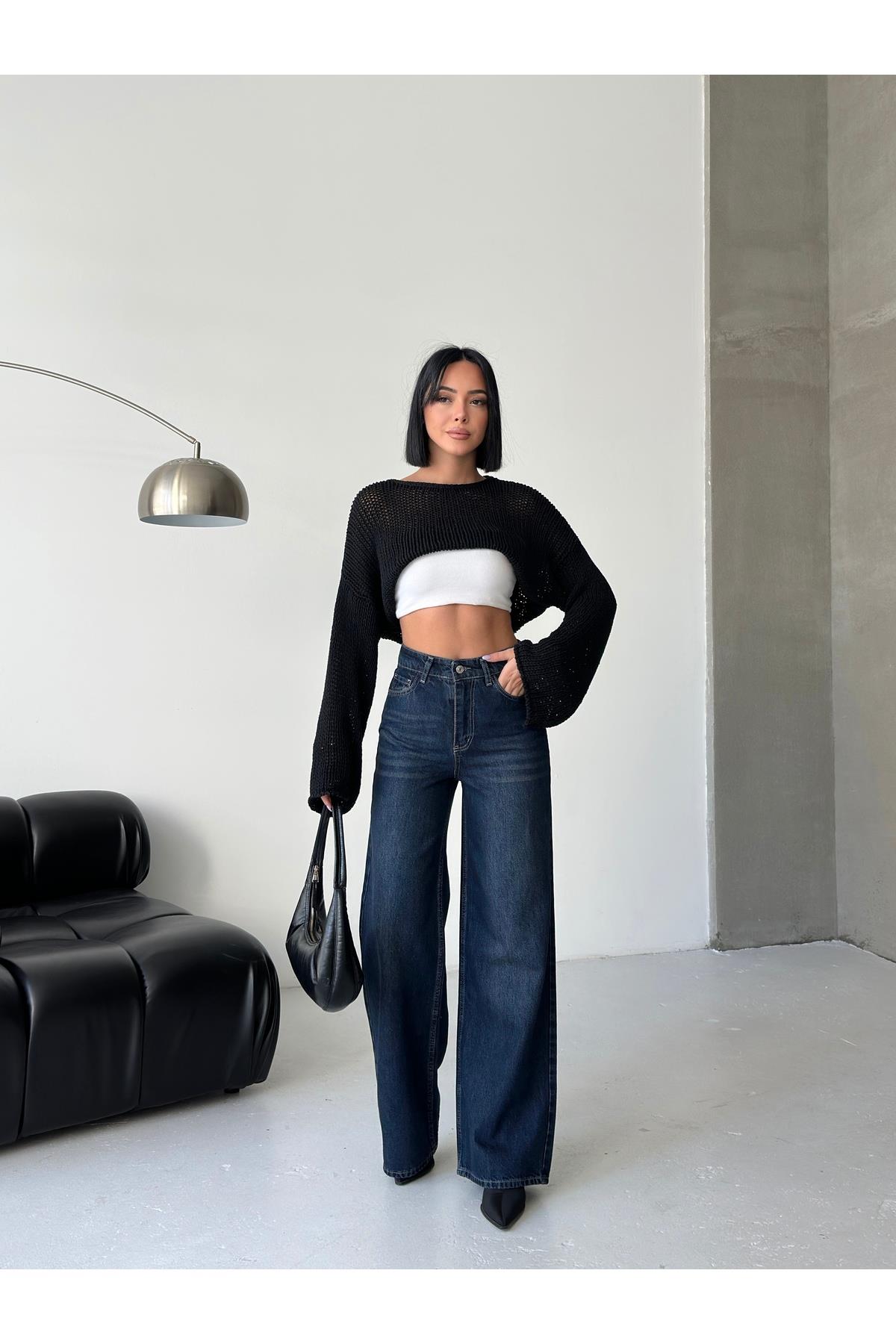 Yüksek Bel Geniş Paça Koyu Mavi Denim Jean-0164