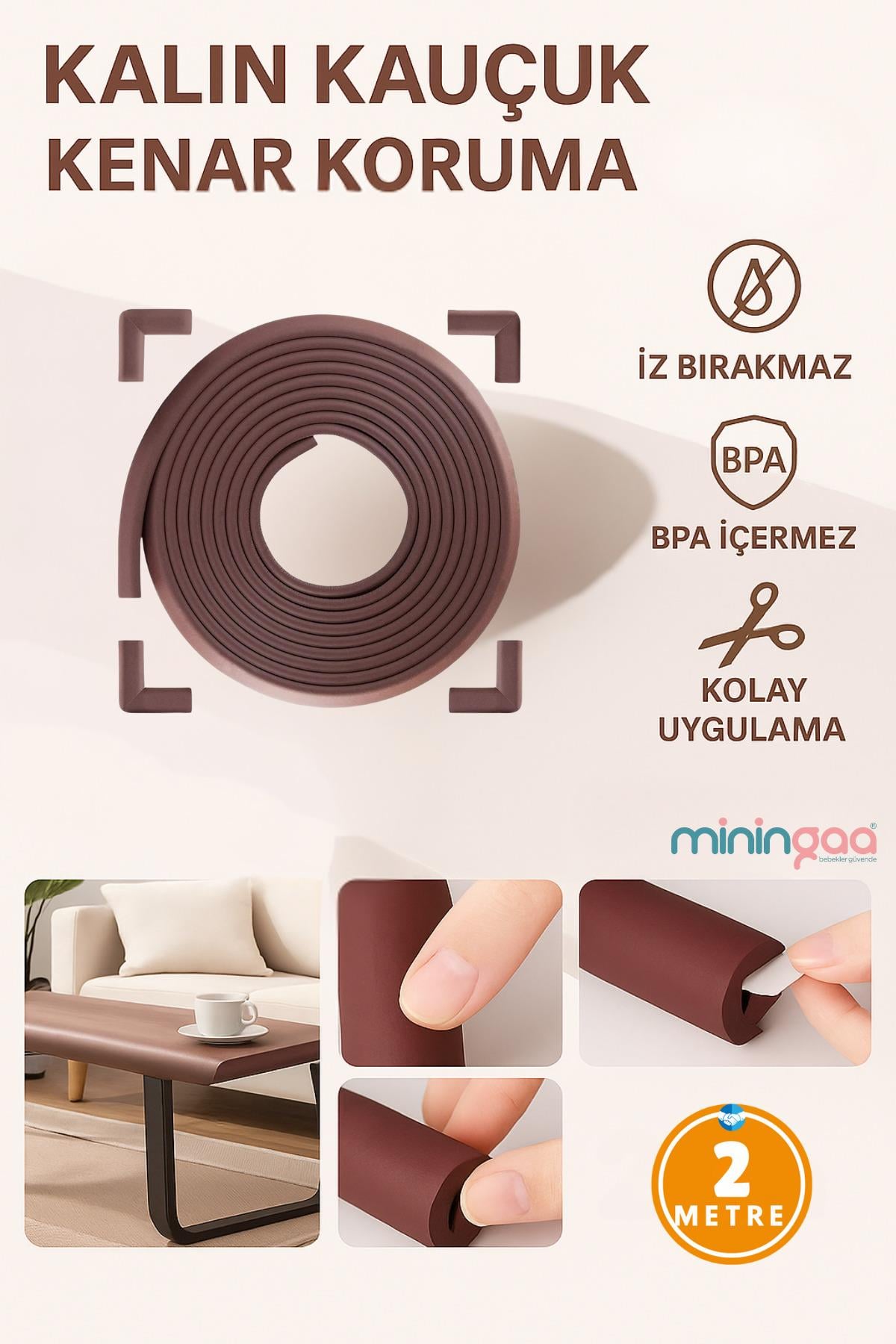 3m Bant Hediyeli 2 Metre 4 Adet Köşe Koruyuculu Esnek Ve Yumuşak Kauçuk Krem Renk Kenar Koruyucu