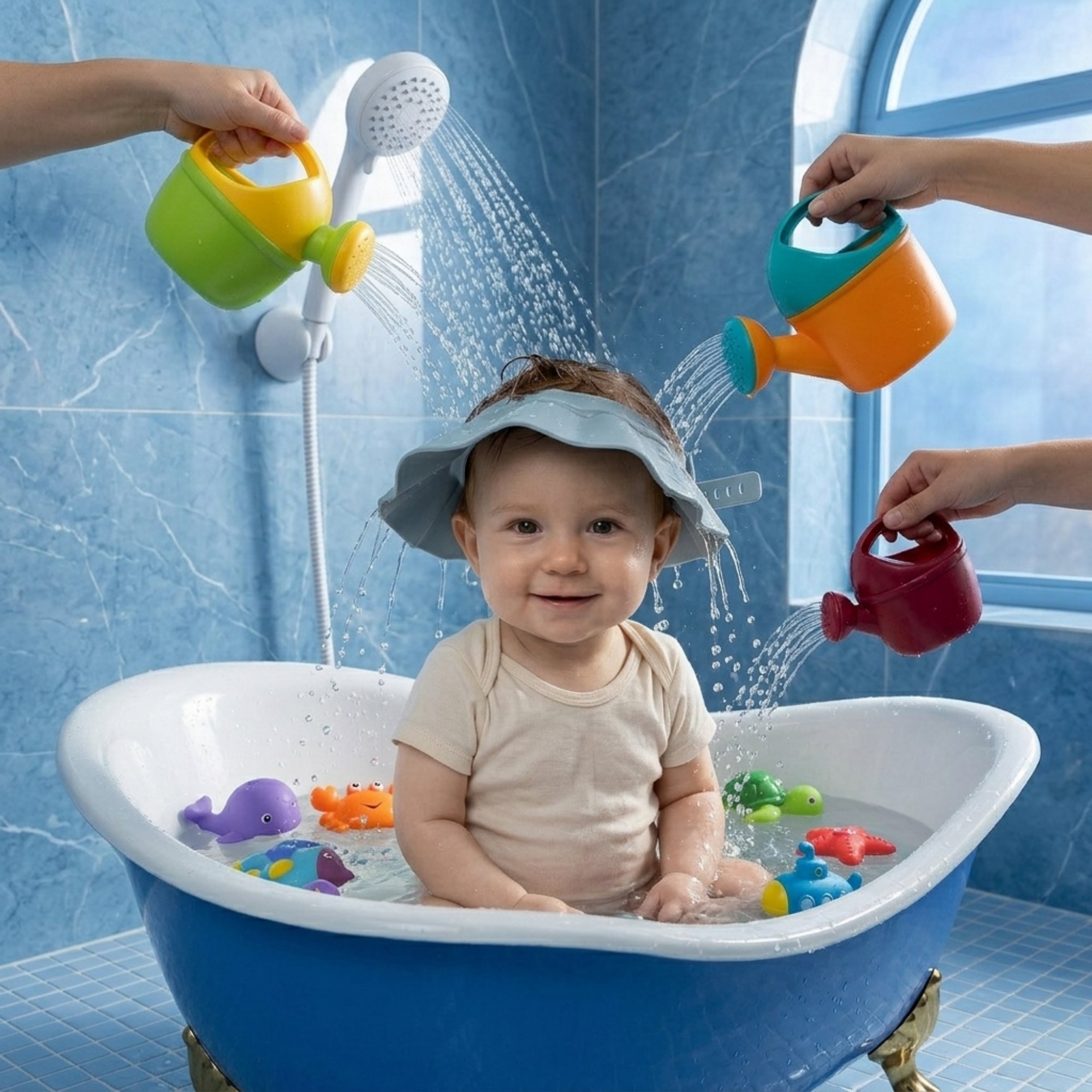 40-55 cm Bebek Banyo Şapkası Duş Başlığı Ayarlanabilir Düğmeli Çocuk Küvet Göze Su Kaçırmayan Başlık