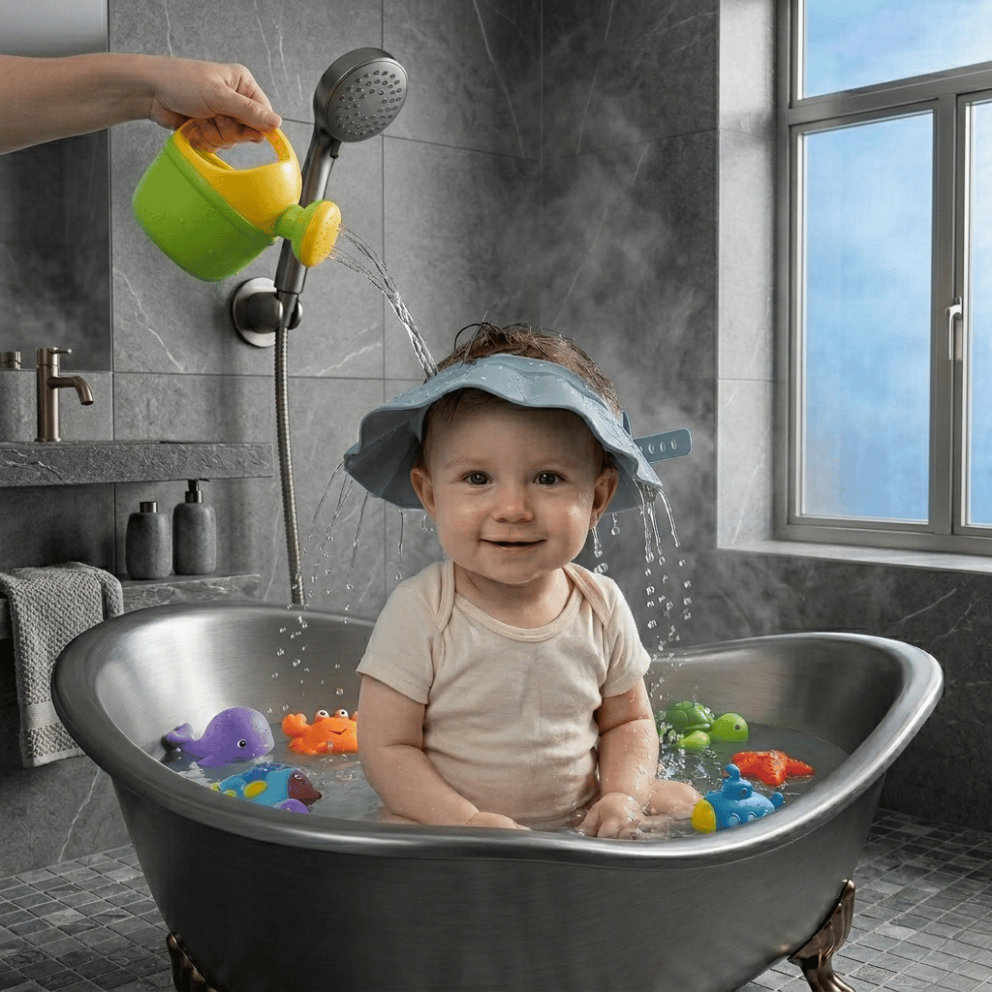 40-55 cm Bebek Banyo Şapkası Duş Başlığı Ayarlanabilir Düğmeli Çocuk Küvet Göze Su Kaçırmayan Başlık