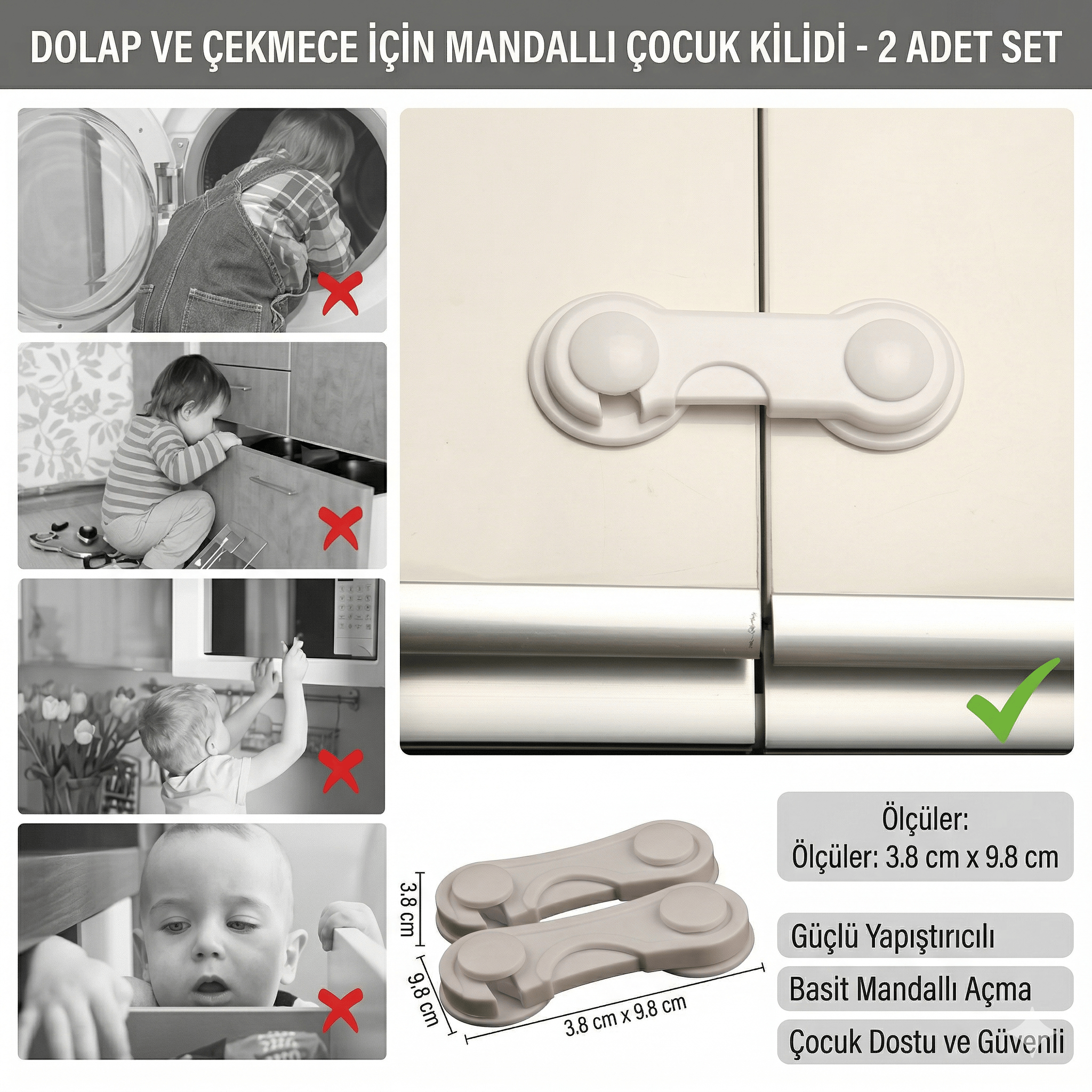 Miningaa 2 Adet İz Bırakmaz Kolay Montaj Çift Kapaklı Dolap Kilit Koruyucu Ve Kilit Bebek Güvenlik