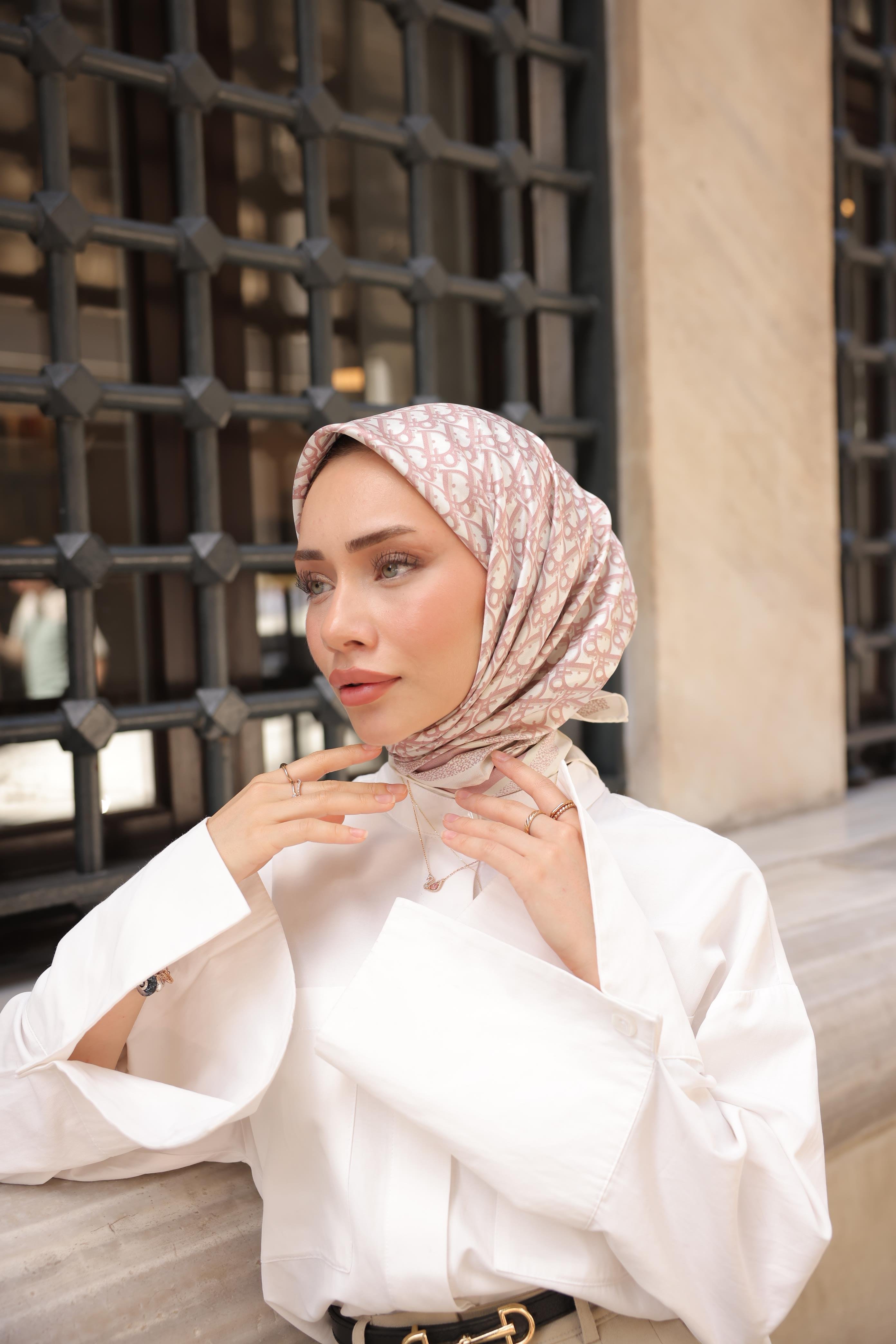 D Monogram Desen Çift Taraflı %100 Twil İpek Eşarp-Pudra&Gri