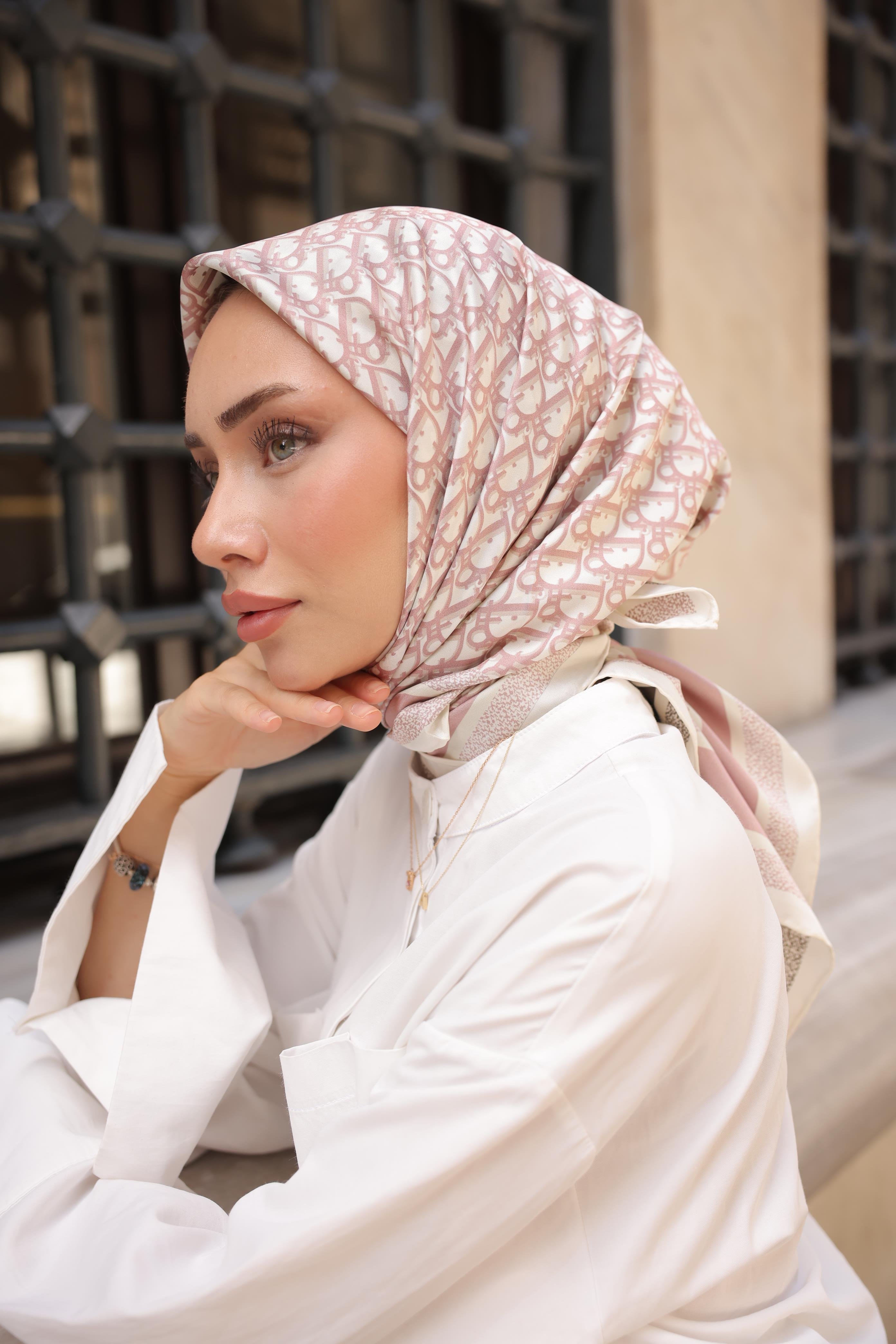 D Monogram Desen Çift Taraflı %100 Twil İpek Eşarp-Pudra&Gri