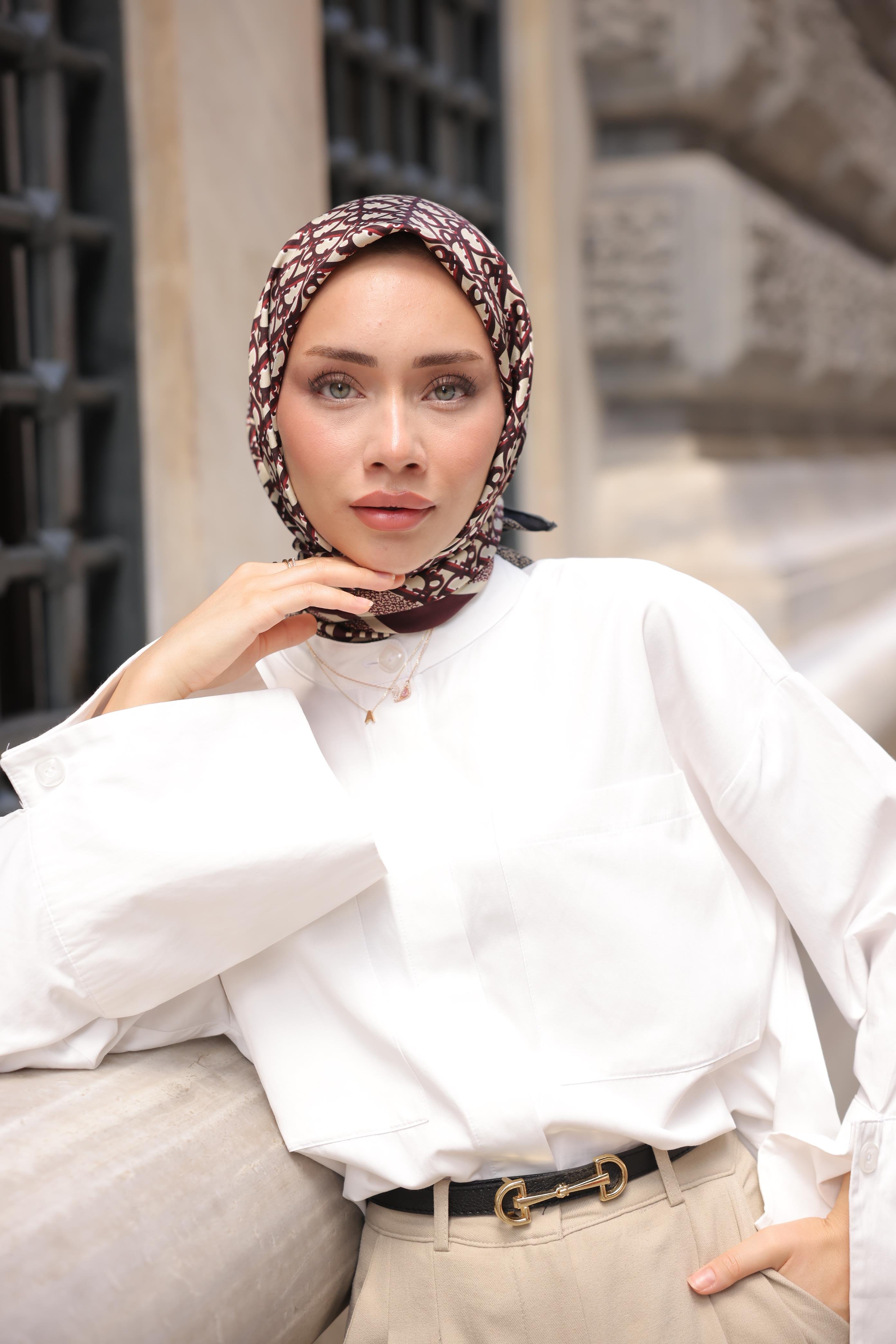 D Monogram Desen Çift Taraflı %100 Twil İpek Eşarp-Bordo&Siyah