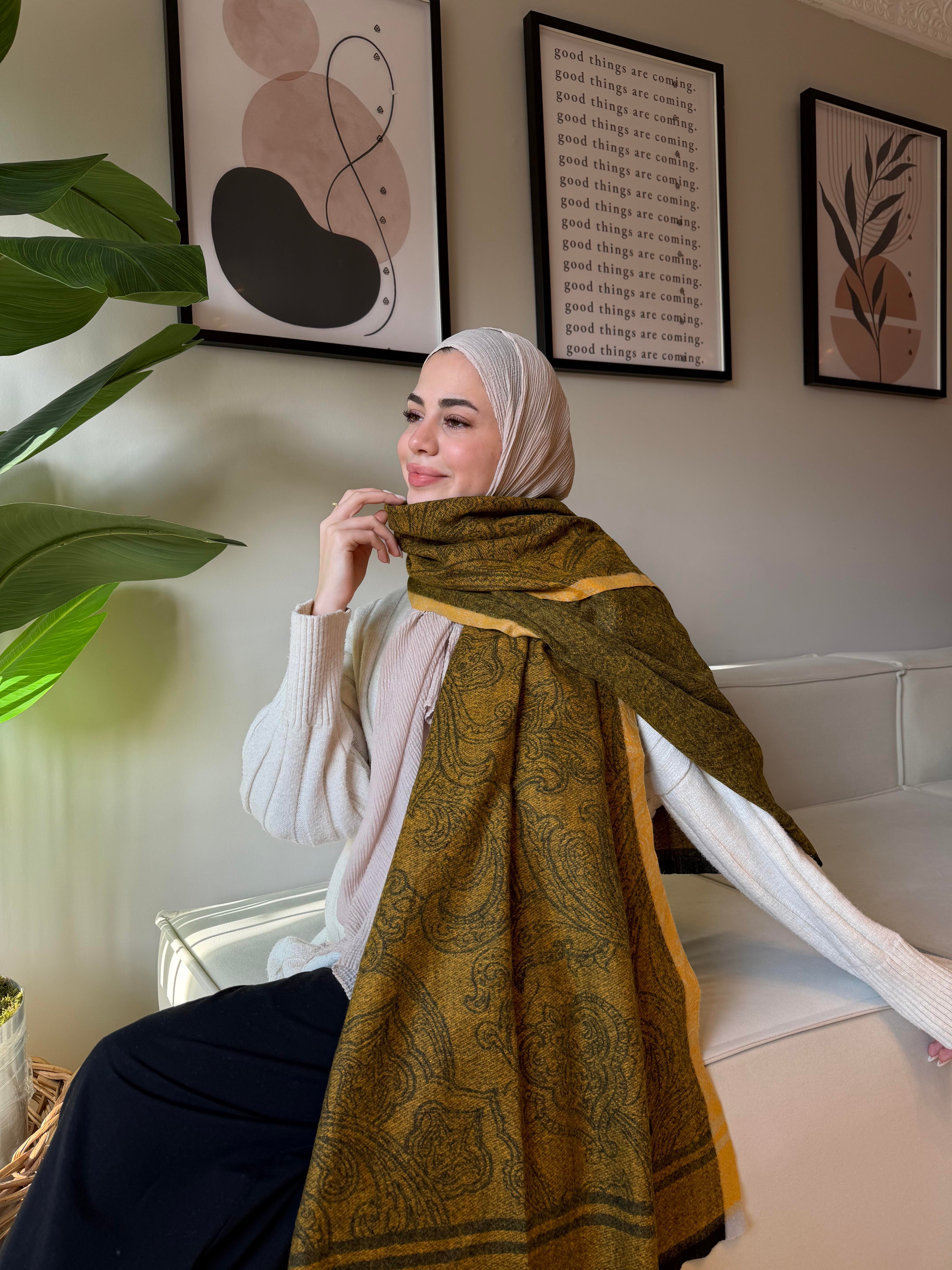 Etro Desen Kaşmir Omuz Şalı Hardal