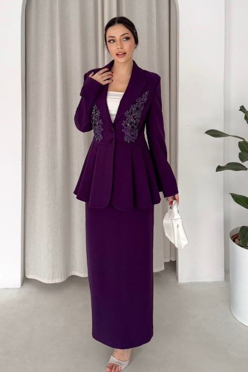 El İşlemeli Volanlı Blazer Etekli İkili Takım