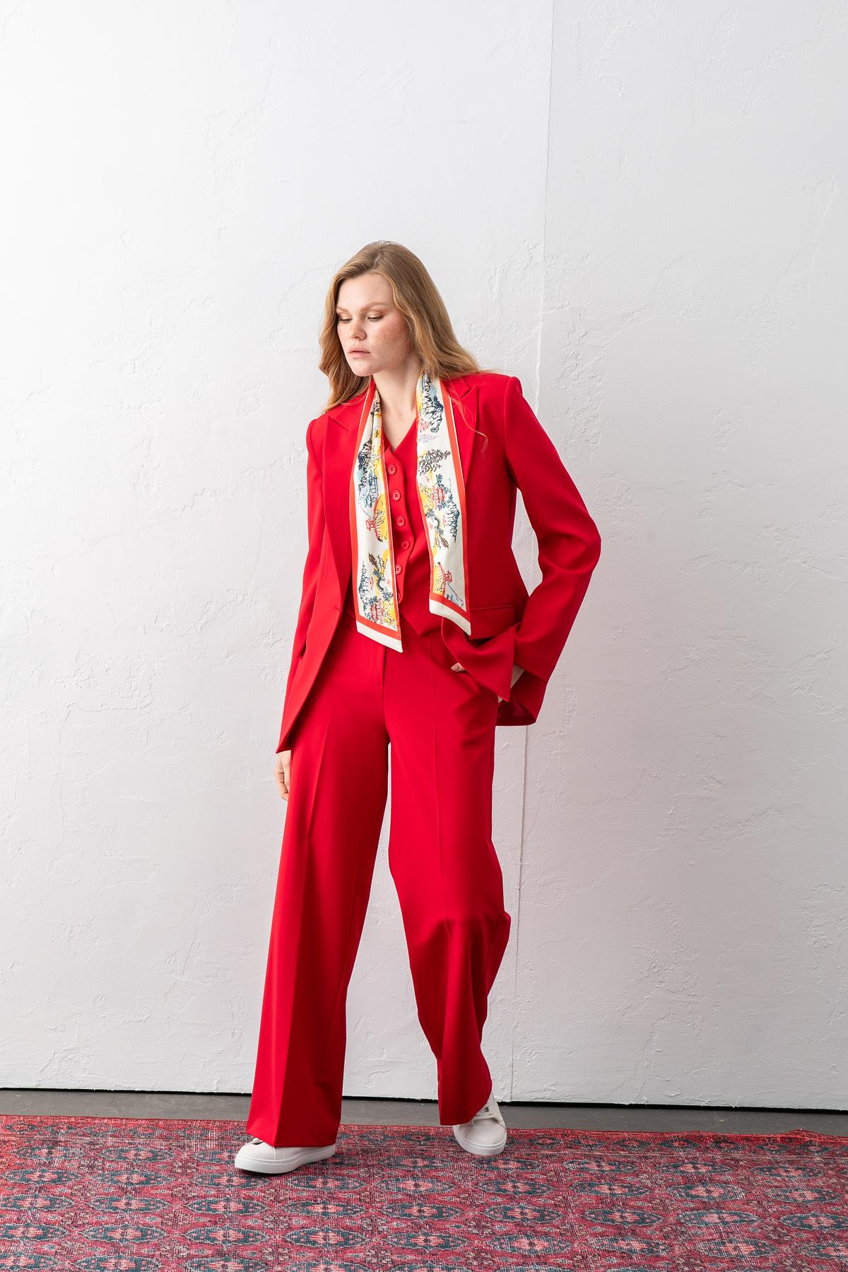 Takım Elbise Tek Düğmeli Blazer Ceket Pantolon Yelek Üçlü Takım