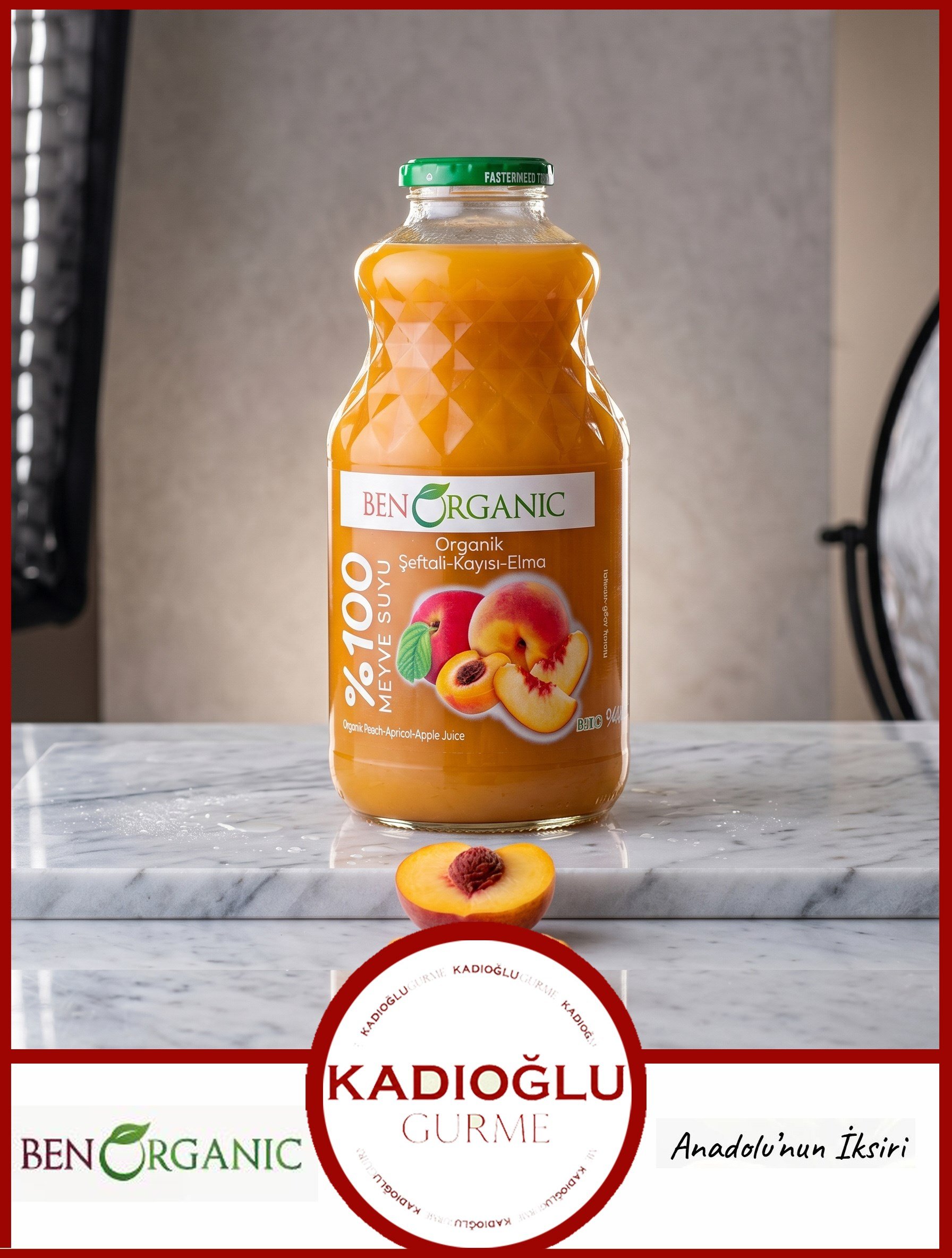 Ben Organic Meyve Suyu %100 Doğal Şeftali-Kayısı-Elma 946 ml Sağlıklı ve Lezzetli