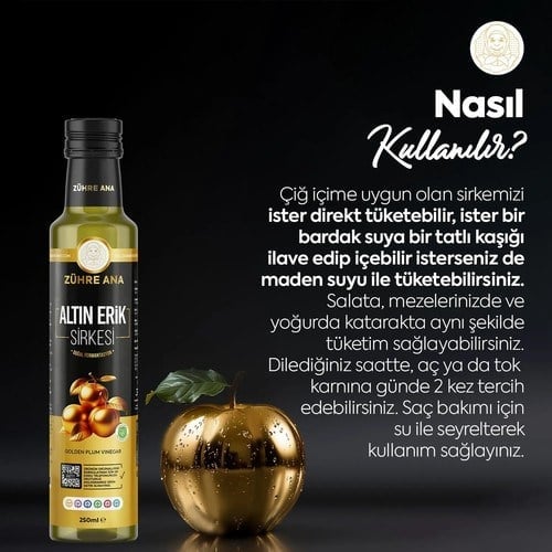 Zühre Ana Mirabelle Altın Erik Sirkesi Doğal Fermantasyon Prebiyotik Form Sirkesi 250 ml