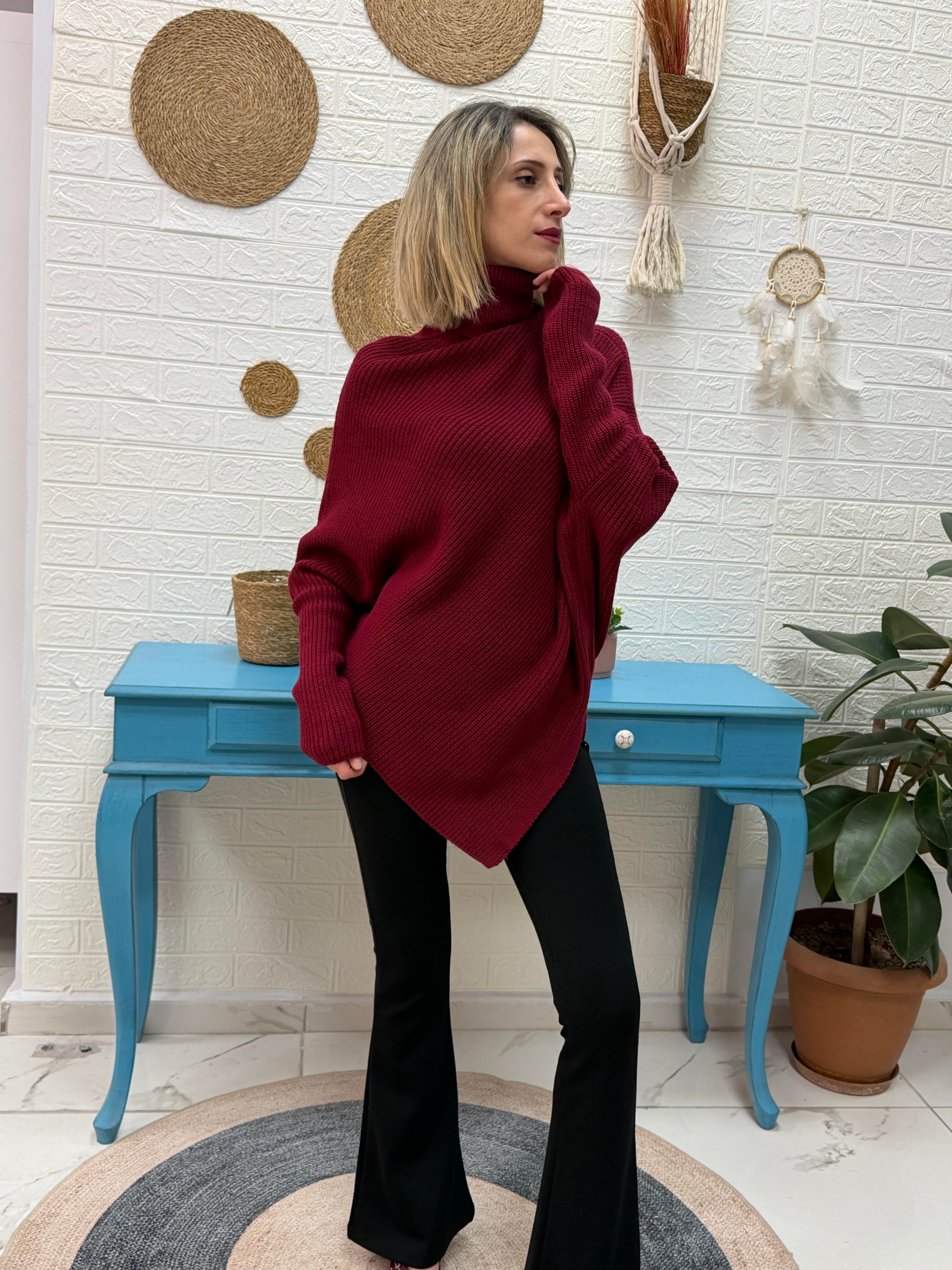 ASİMETRİK BOĞAZLI TRİKO KAZAK BORDO