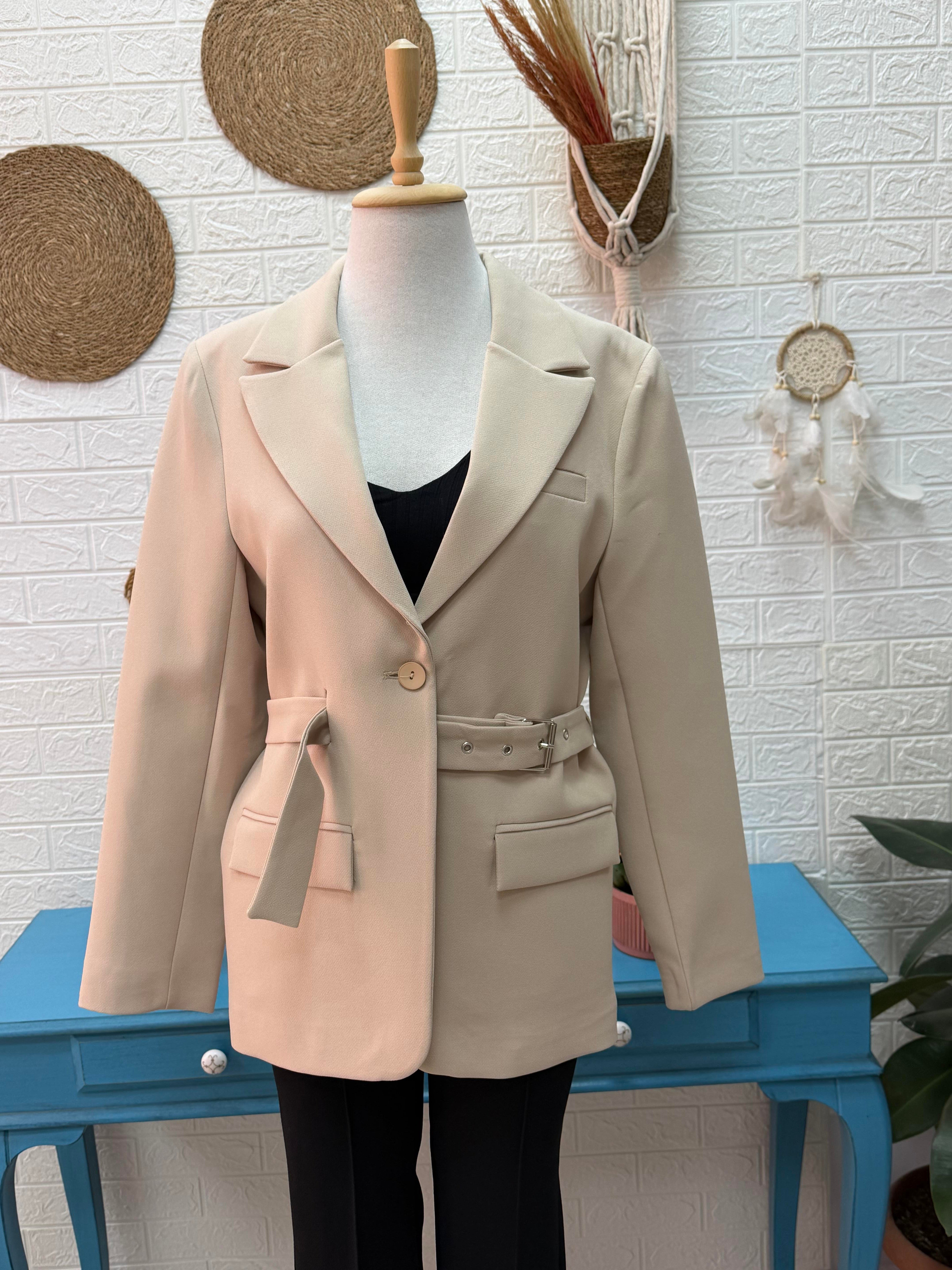 Kemerli Astarlı Double Kalın Kumaş Blazer Ceket 