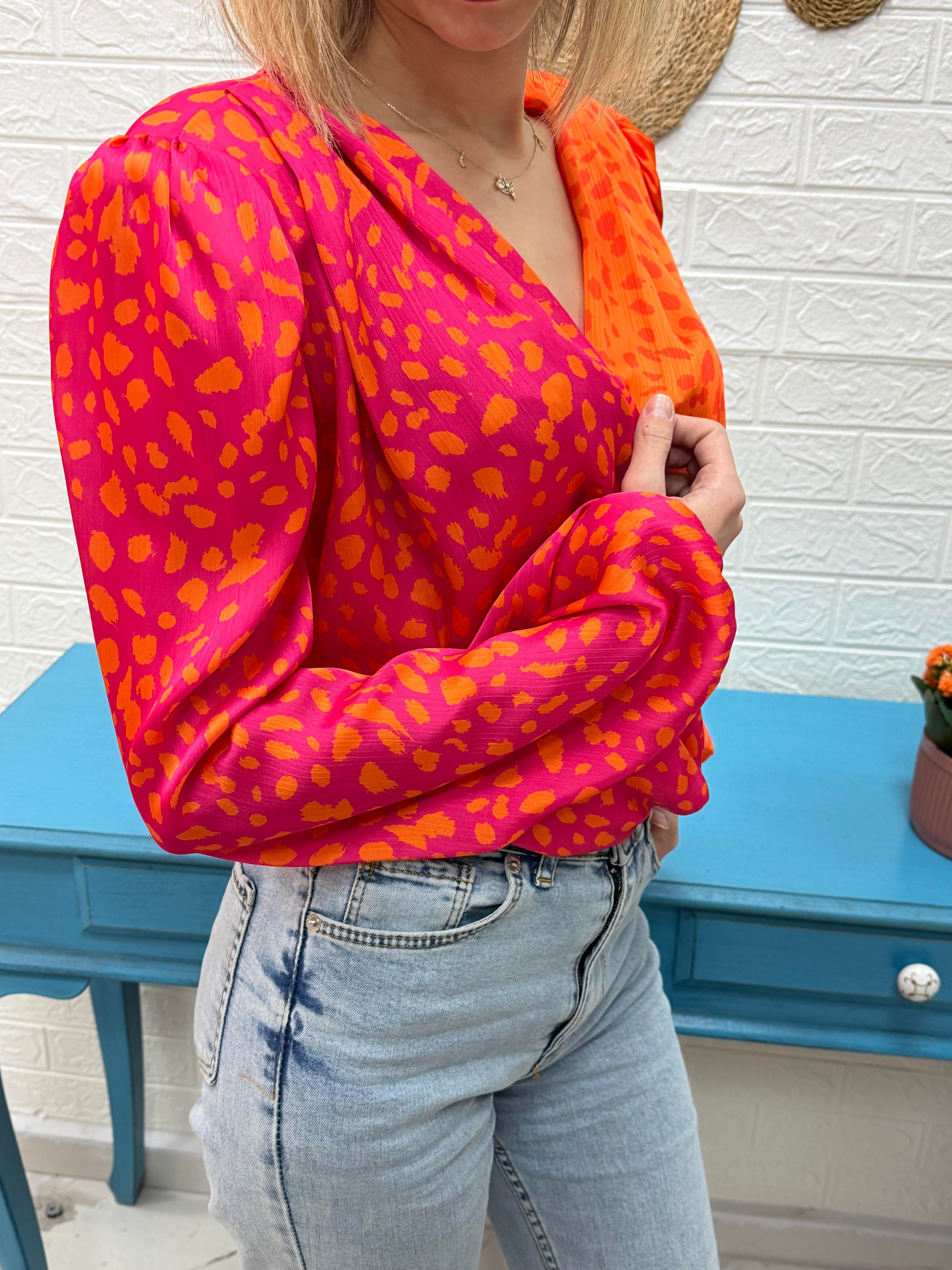 Kruvaze Desenli Bodysuit Oranj-Fuşya