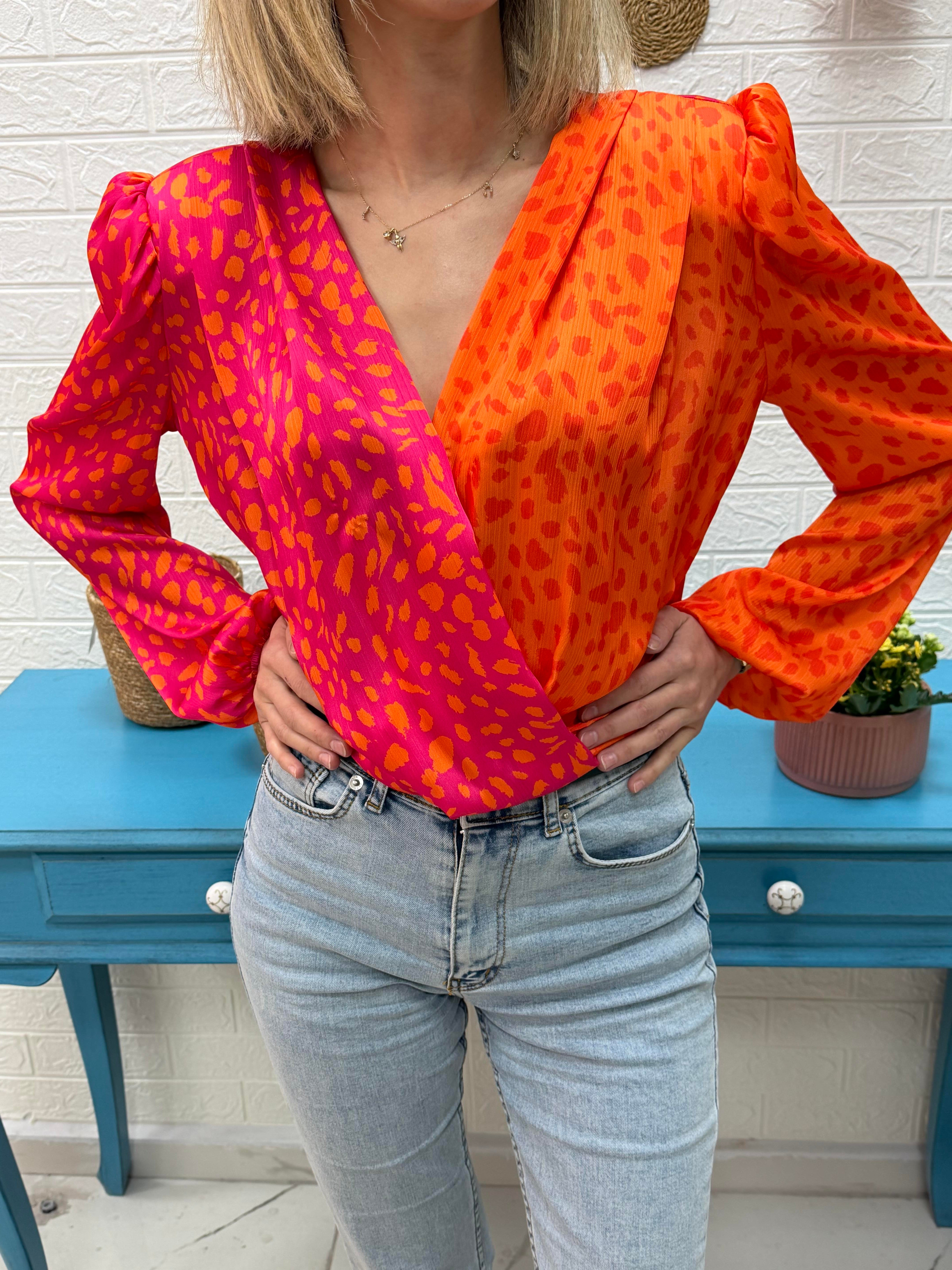Kruvaze Desenli Bodysuit Oranj-Fuşya