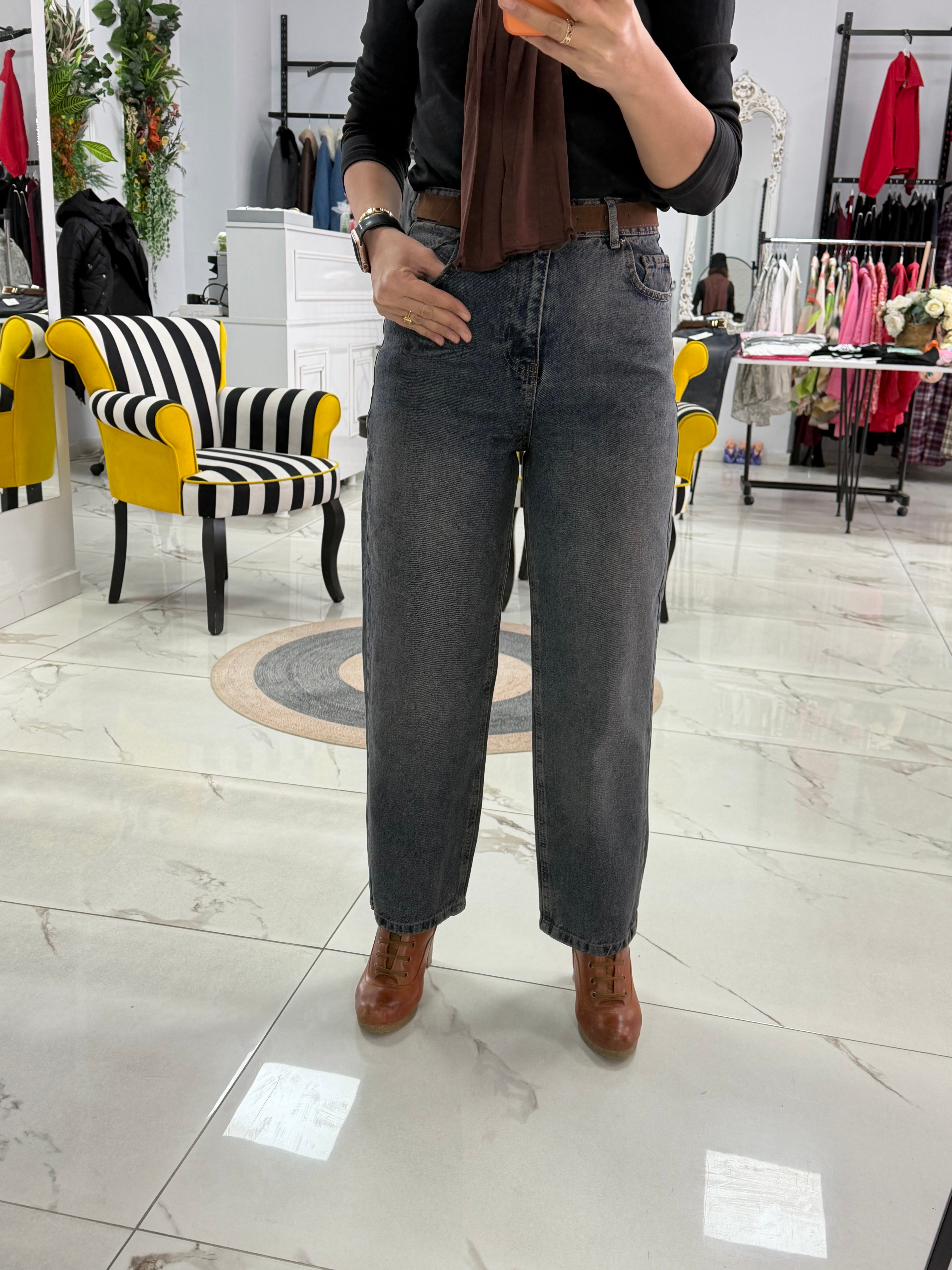 Yıkamalı Mavi Yüksek Bel Baggy Jean