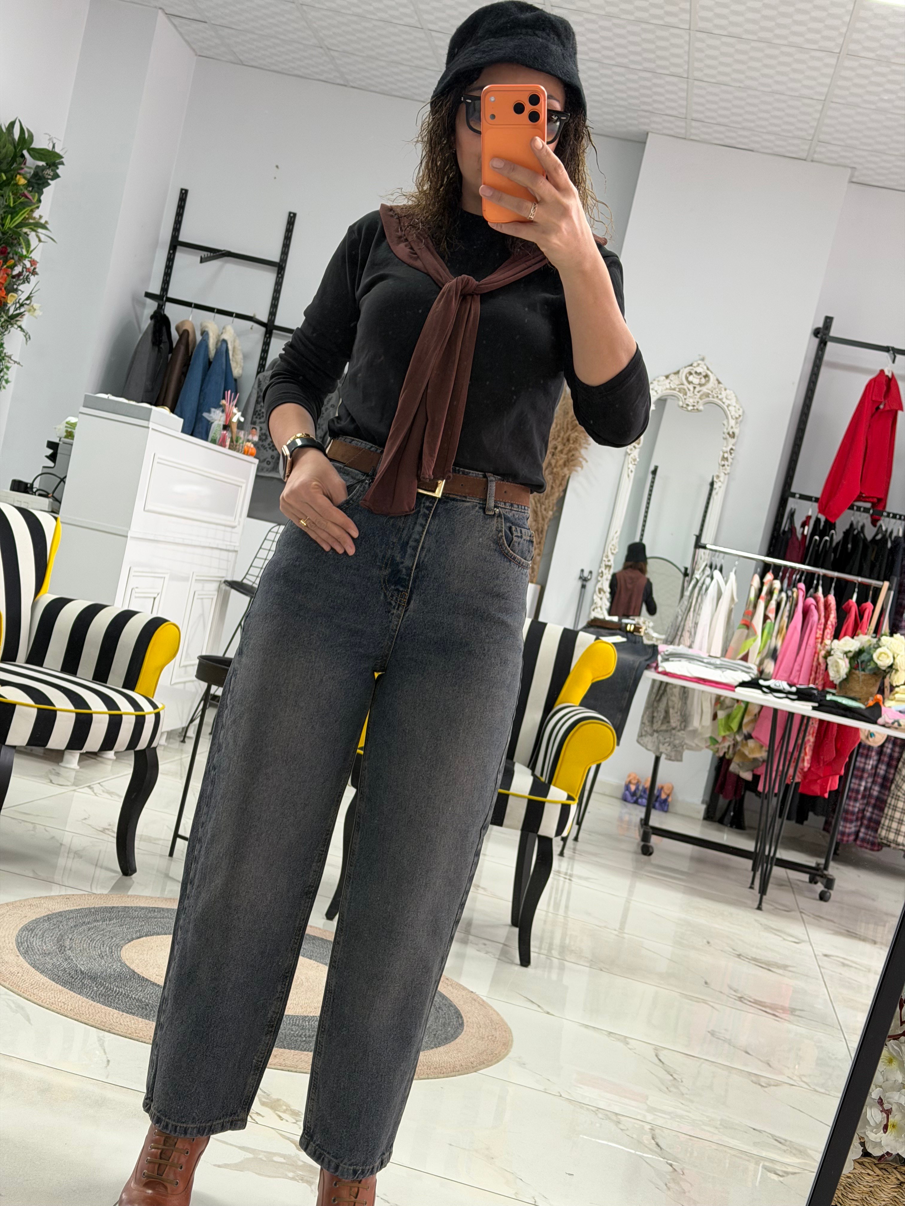 Yıkamalı Mavi Yüksek Bel Baggy Jean