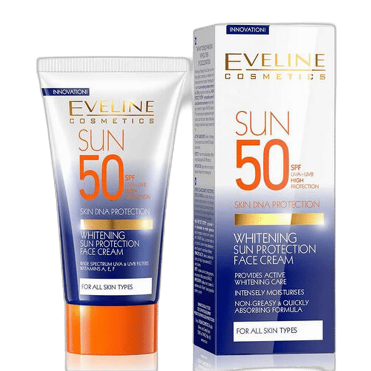 Eveline Sun Protection Cream SPF 50 and Skin Whitening 50 mlNormal Ciltler İçin Güneş KremiEveline Cosmetics1MST-15407Eveline Sun Protection Cream SPF 50 and Skin Whitening 50 ml