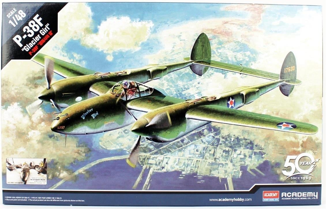 Academy 12208 1/48 Ölçek, P-38F (Lighting Glacier Girl) Savaş Uçağı, Plastik Model Kiti