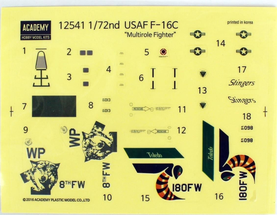Academy 12541 1/72 Ölçek, USAF F-16C (Multirole Fighter) MCP Savaş Uçağı, Plastik Model Kiti
