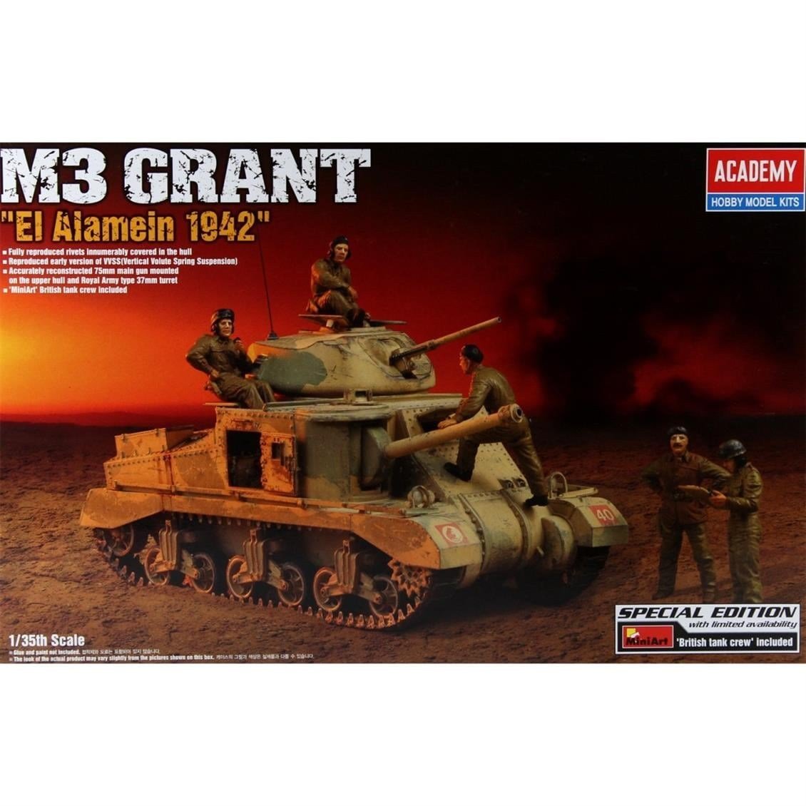 Academy 13228 1/35 Ölçek, M3 Grant Tank ve Personeli, Plastik Model Kiti
