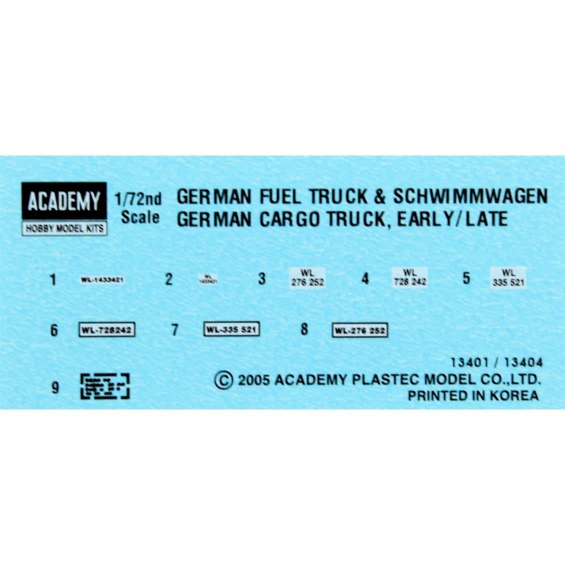 Academy 13404 1/72 Ölçek,  Alman WWII Kargo Kamyonları (Erken ve Geç Dönem) Demonte, Plastik Maket Seti