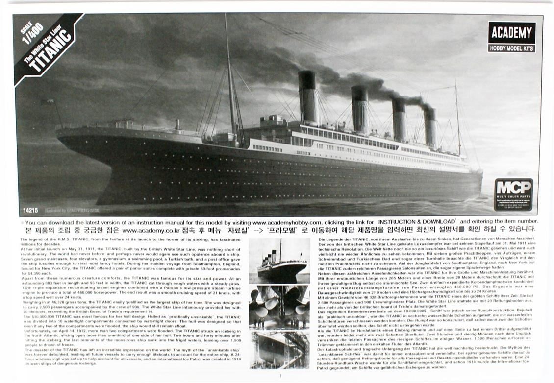 Academy 14215 1/400 Ölçek, The White Star Liner Titanic Yolcu Gemisi, Plastik Model Kiti