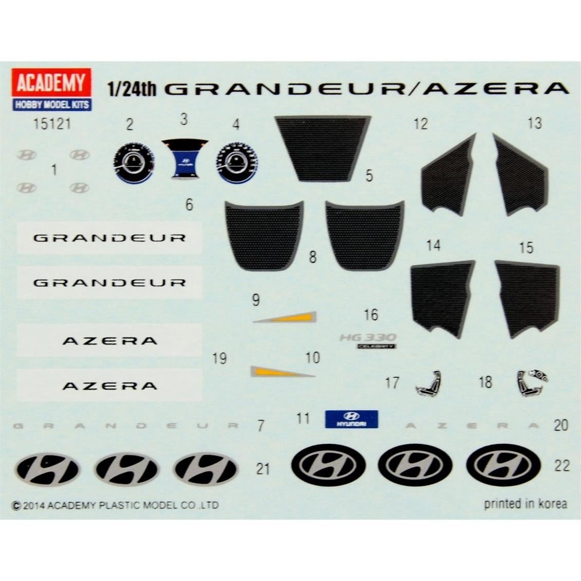 Academy 15121 1/24 Ölçek, Hyundai Grandeur HG Azera Binek Aracı, Plastik Model Kiti