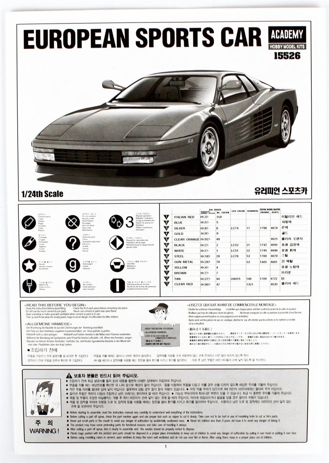 Academy 15526 1/24 Ölçek, Ferrari Testarossa Binek Aracı, Plastik Model Kiti