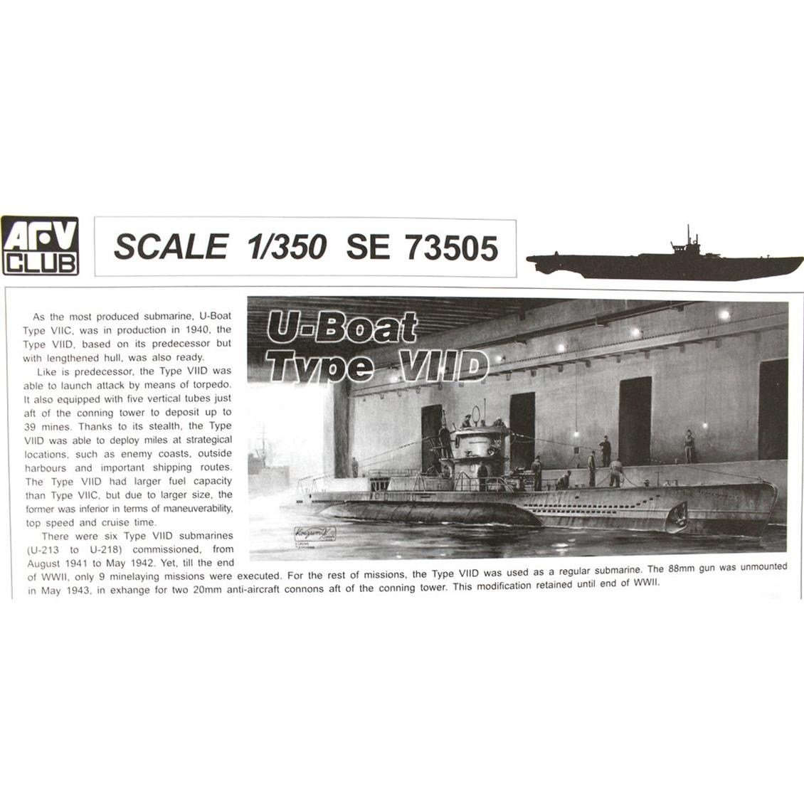 AFV Club SE73505 1/350 Ölçek, German U-Boat Type VII D Mayın İmha Denizaltısı, Plastik Model kiti
