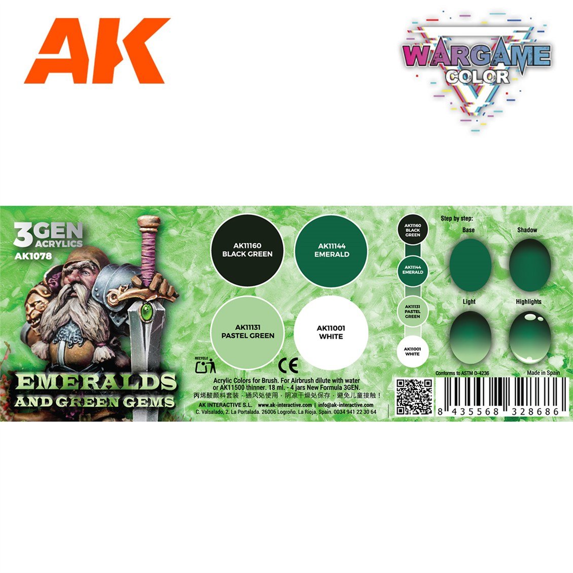 AK 1078 4x17 ml. Zümrütler ve Yeşil Taşlar, 3Gen Akrilik Wargame Boya Seti