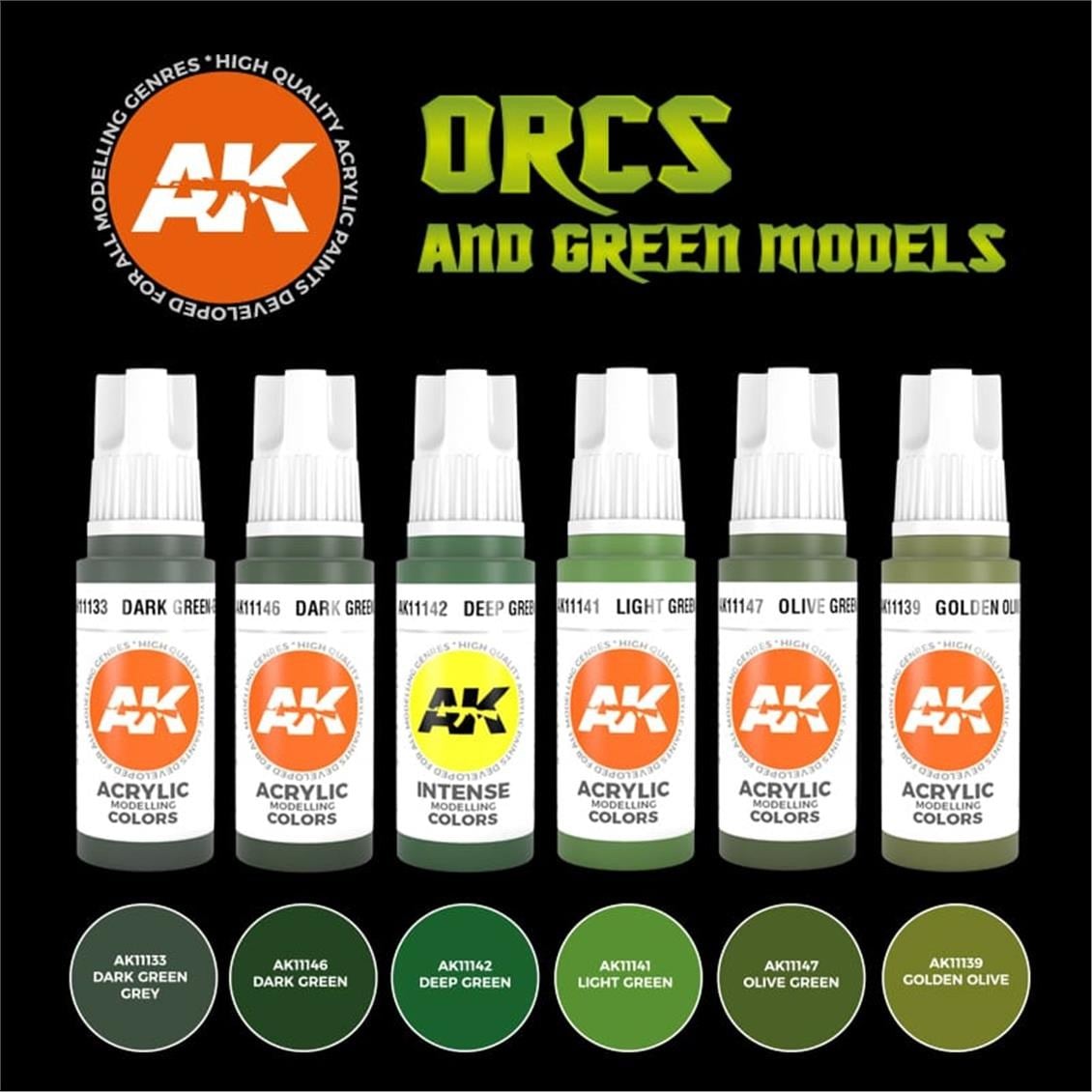 AK 11600 6x17 ml. Orc ve Yeşil Yaratık Teni, Figürler için Akrilik 3GEN Model Boyası Seti
