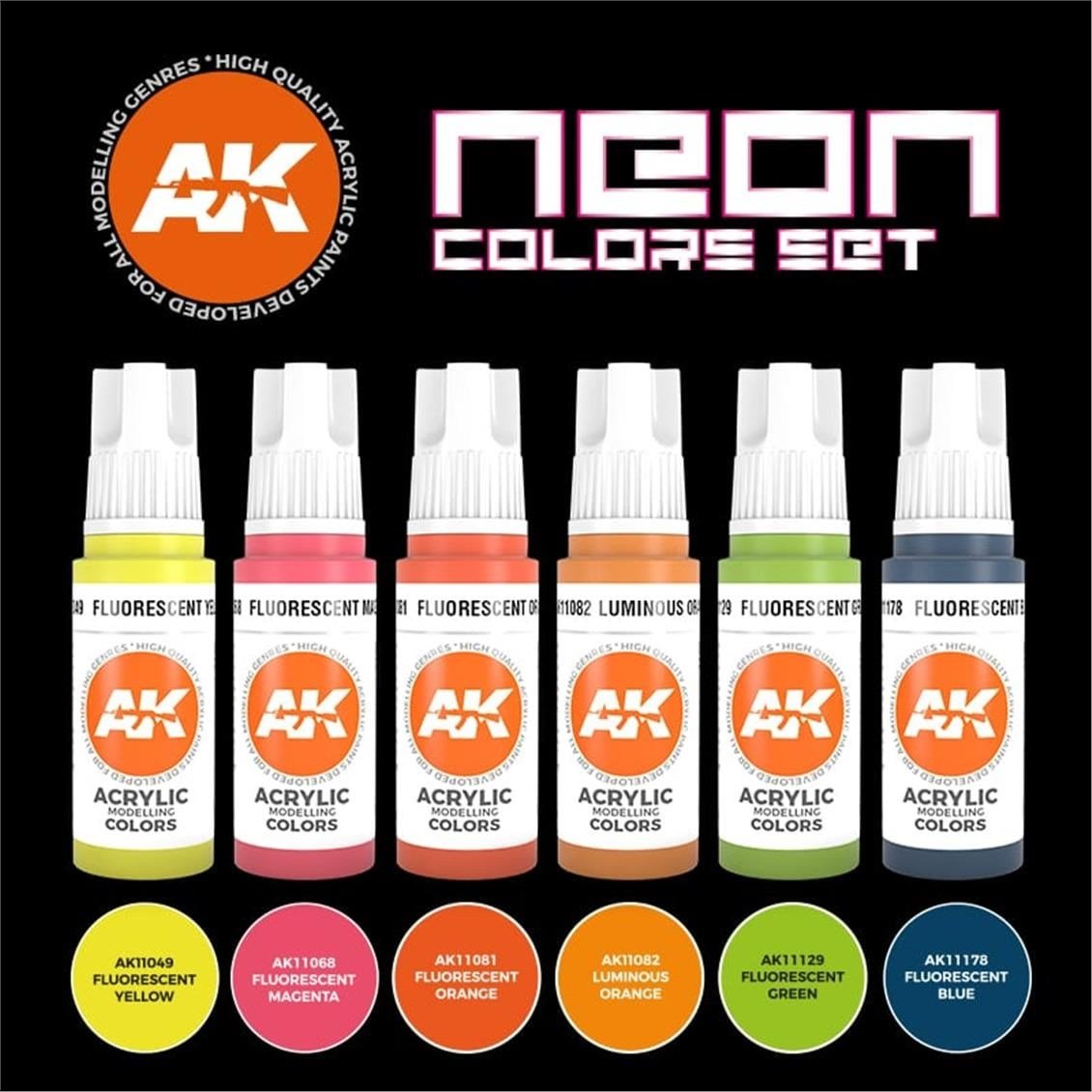 AK 11610 6x17 ml. Neon Renkleri, Akrilik 3GEN Model Boyası Seti