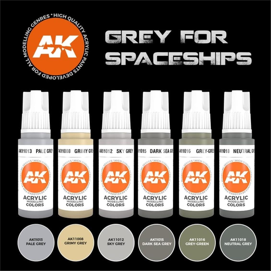 AK 11614 6x17 ml. Uzay Araçları Gri Tonları, Akrilik 3GEN Model Boyası Seti