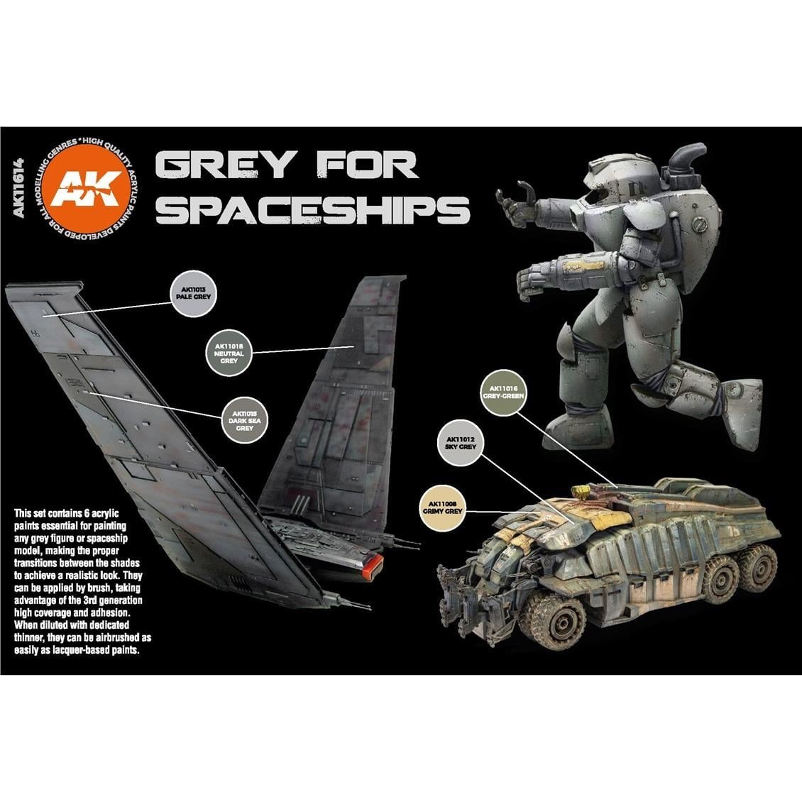 AK 11614 6x17 ml. Uzay Araçları Gri Tonları, Akrilik 3GEN Model Boyası Seti