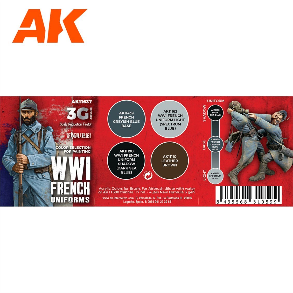 AK 11637 6 x17 ml. WW I Fransız Uniformaları, Akrilik 3GEN Model Boyası Seti