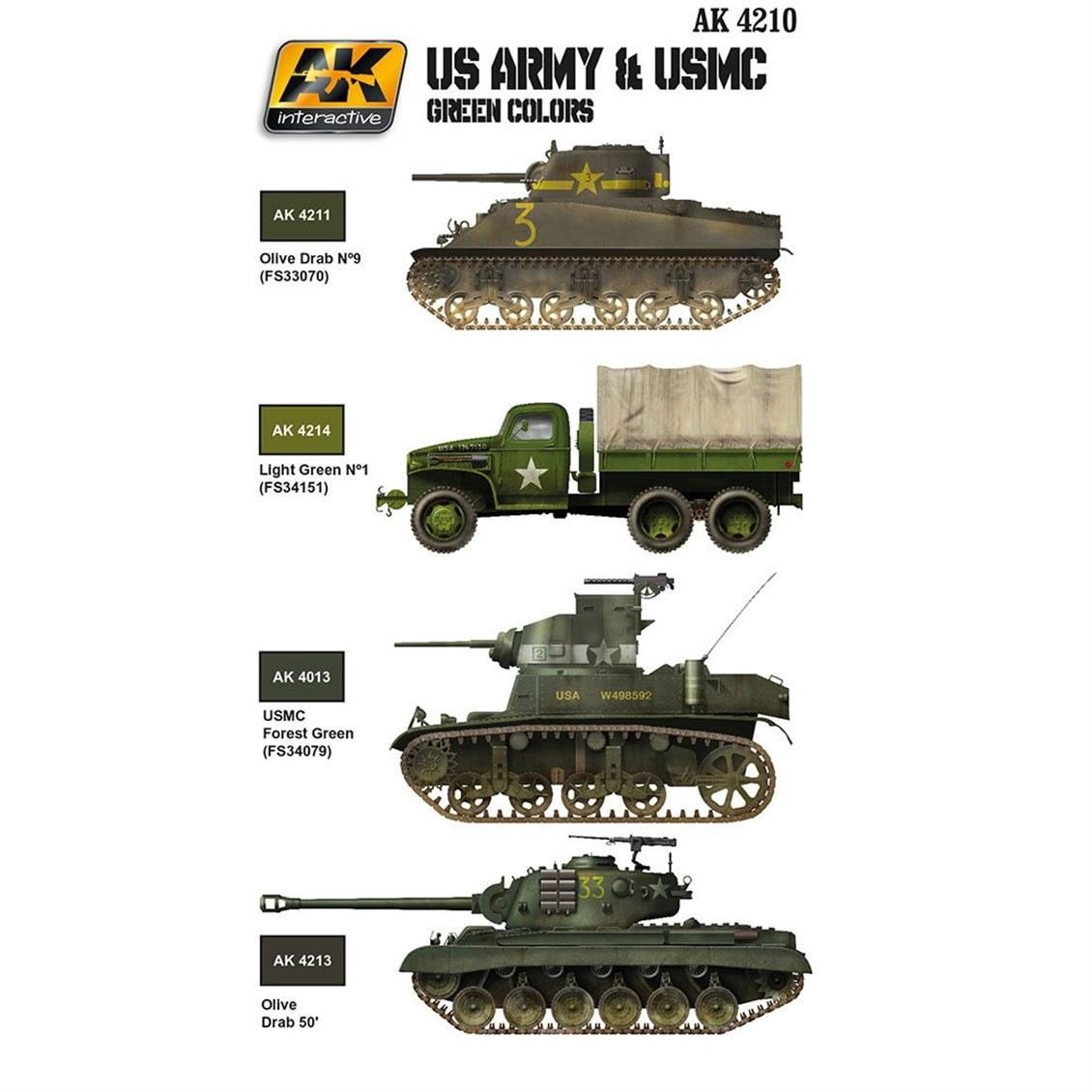 AK 4210 US Army ve USMC Yeşil Tonları Model Boyası Seti 6x17 ml