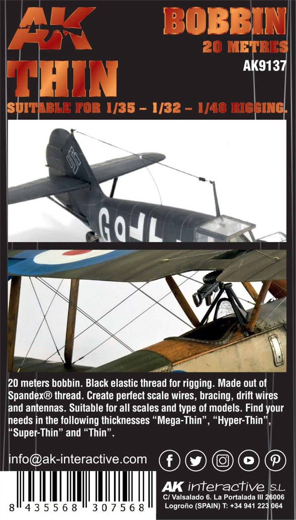AK 9137 0,055 mm. Elastik Tel, 1/35-1/48 Ölçekler İçin, 20 metre
