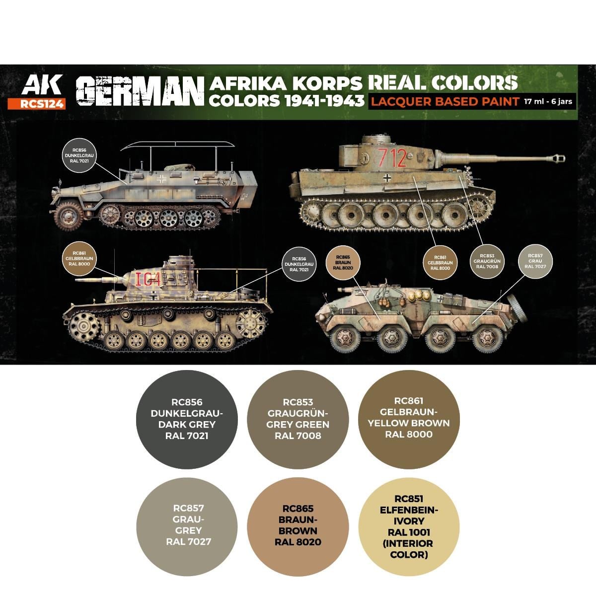 AK RCS124 6x17 ml. Real Colors Alman Afrika Kolordusu Renkleri (1941-1943), Lacquer Model Boyası Seti