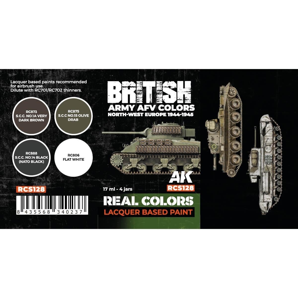 AK RCS128 4x17 ml. Real Colors İngiliz Ordusu Zırhlı Araç AFV Renkleri (Kuzey-Batı Avrupa), Lacquer Model Boyası Seti