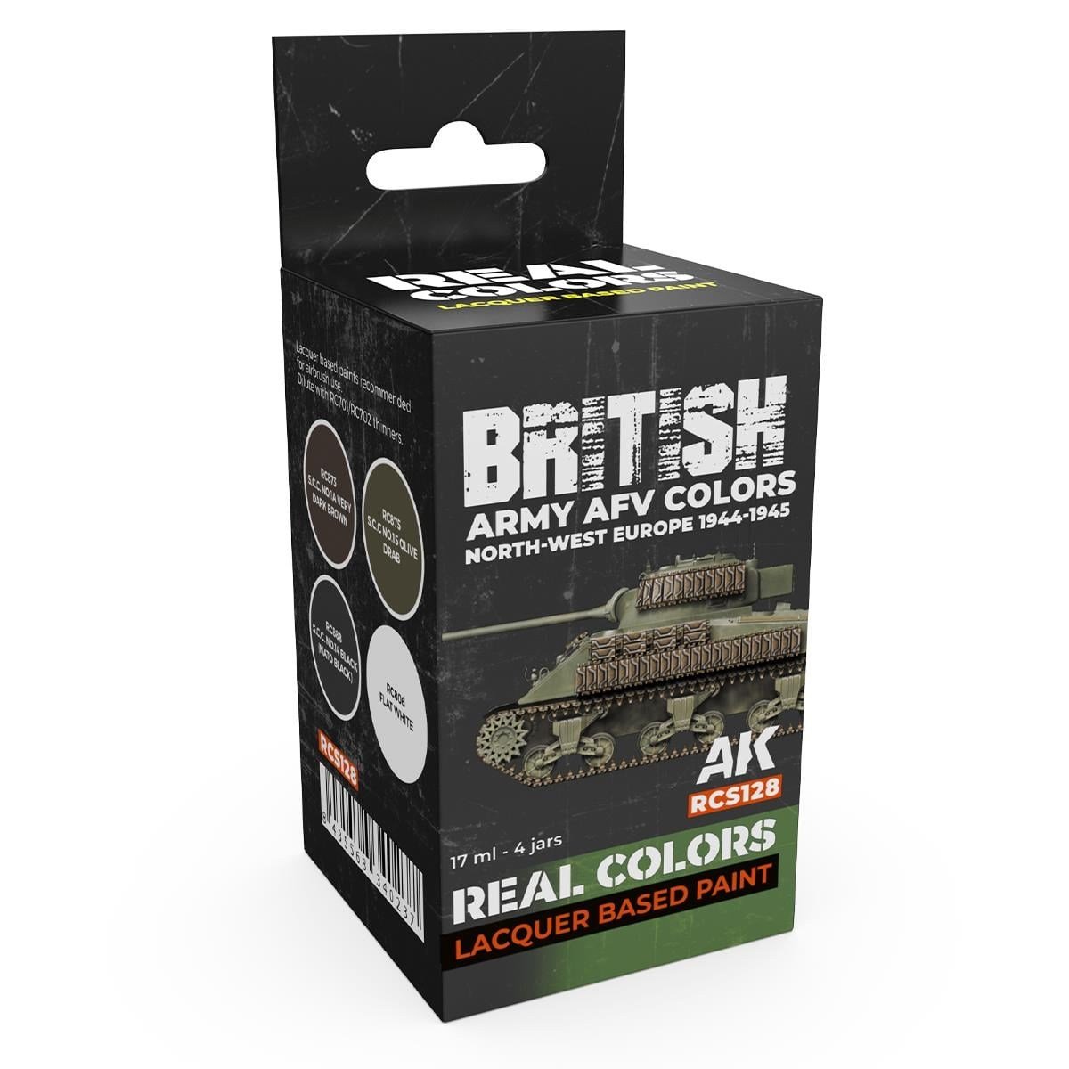 AK RCS128 4x17 ml. Real Colors İngiliz Ordusu Zırhlı Araç AFV Renkleri (Kuzey-Batı Avrupa), Lacquer Model Boyası Seti