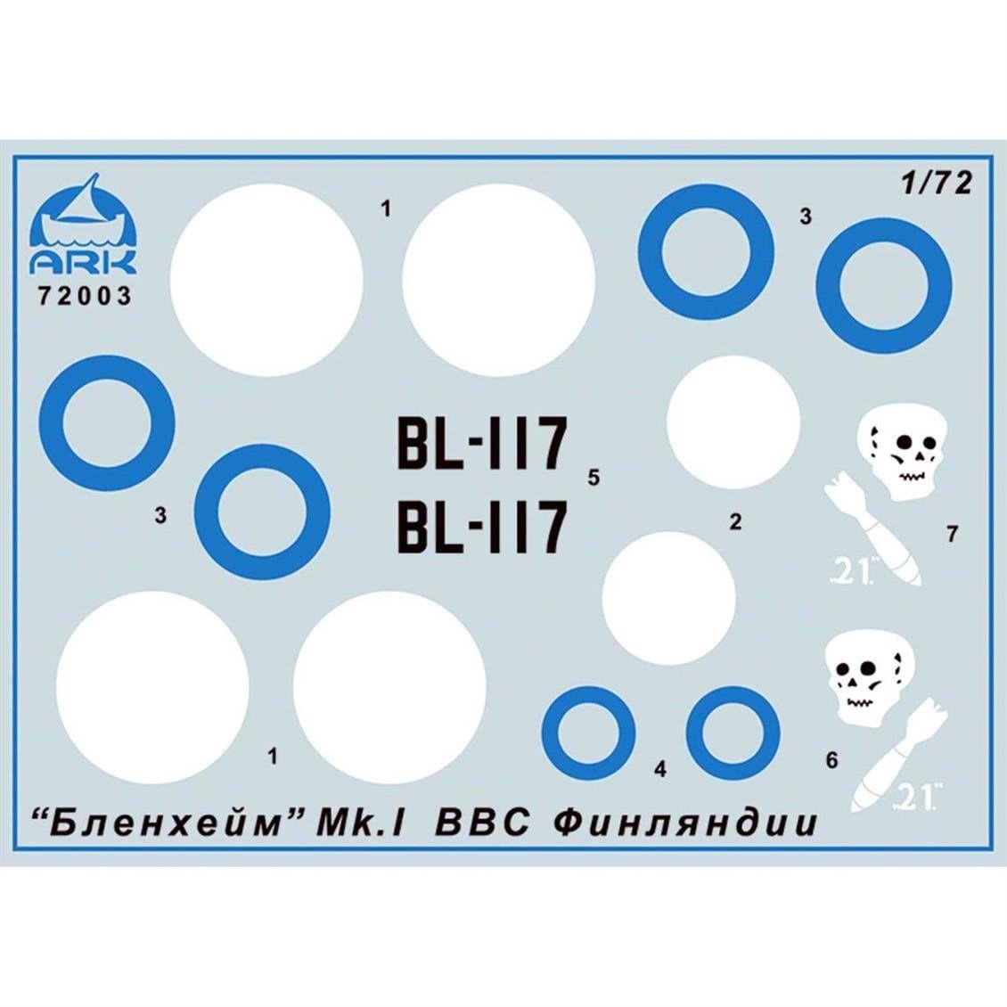Ark Mode 72003 1/72 Ölçek, Bristol Blenheim Mk.I British Light Bom, Plastik Model kiti