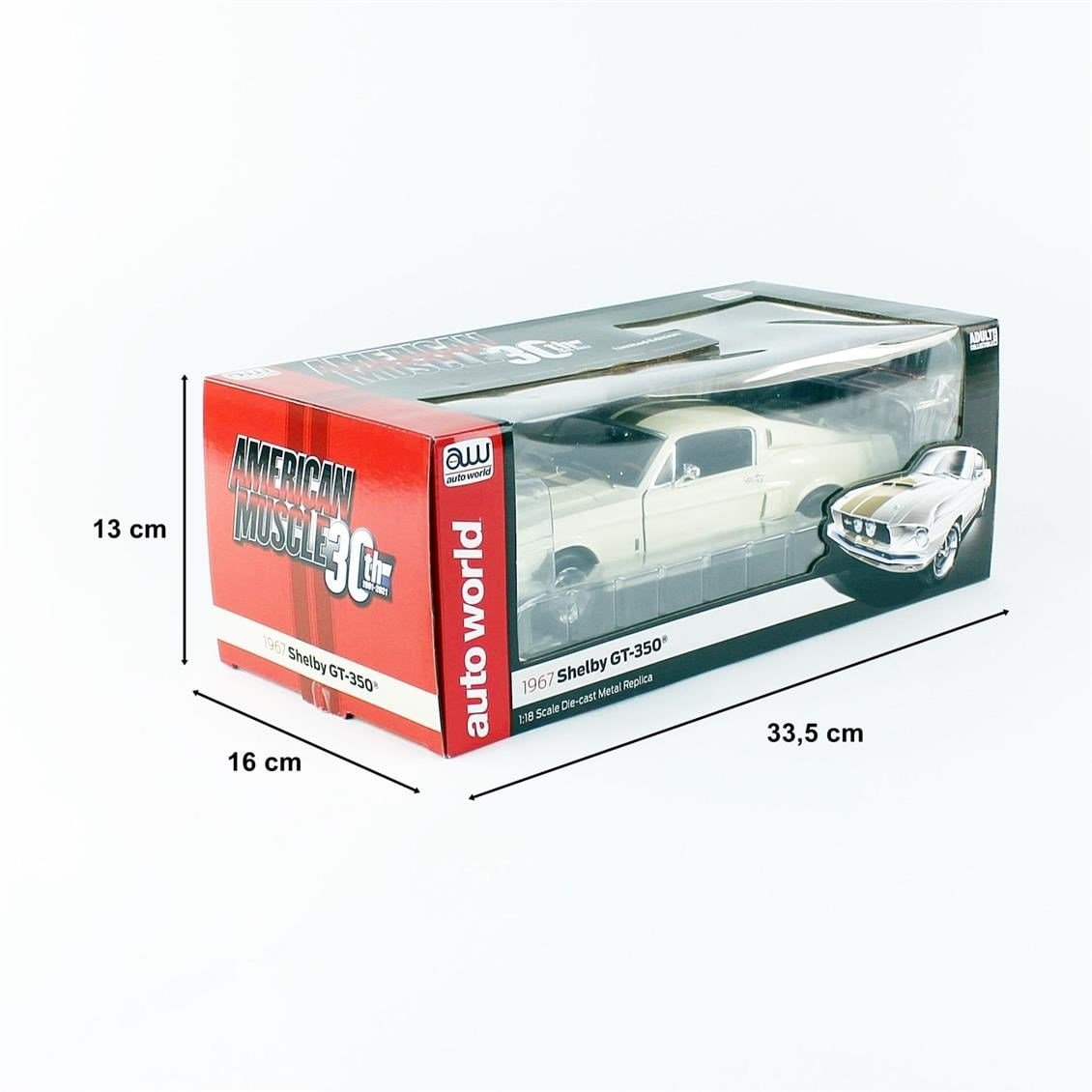 AutoWorld AMM1227 1/18 Ölçek, 1967 Shelby GT-350, Wimbledon White, Sergilemeye Hazır Metal Araba Modeli