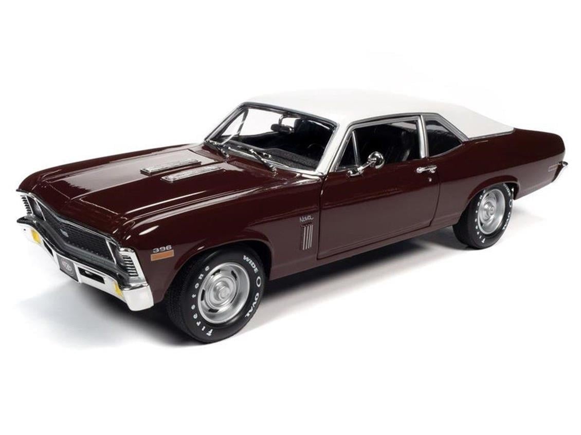 AutoWorld AMM1230 1/18 Ölçek, 1970 Chevy Nova SS 396 (MCACN Class of 1970), Black Cherry, Sergilemeye Hazır Metal Araba Modeli