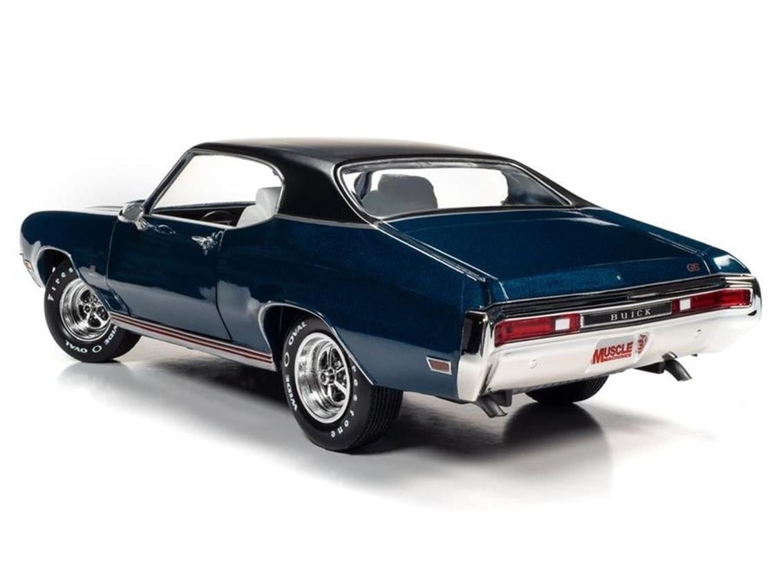AutoWorld AMM1242 1/18 Ölçek, 1970 Buick GS Stage 1 (Hemmings Muscle Machines), Diplomat Blue, Sergilemeye Hazır Metal Araba Mo