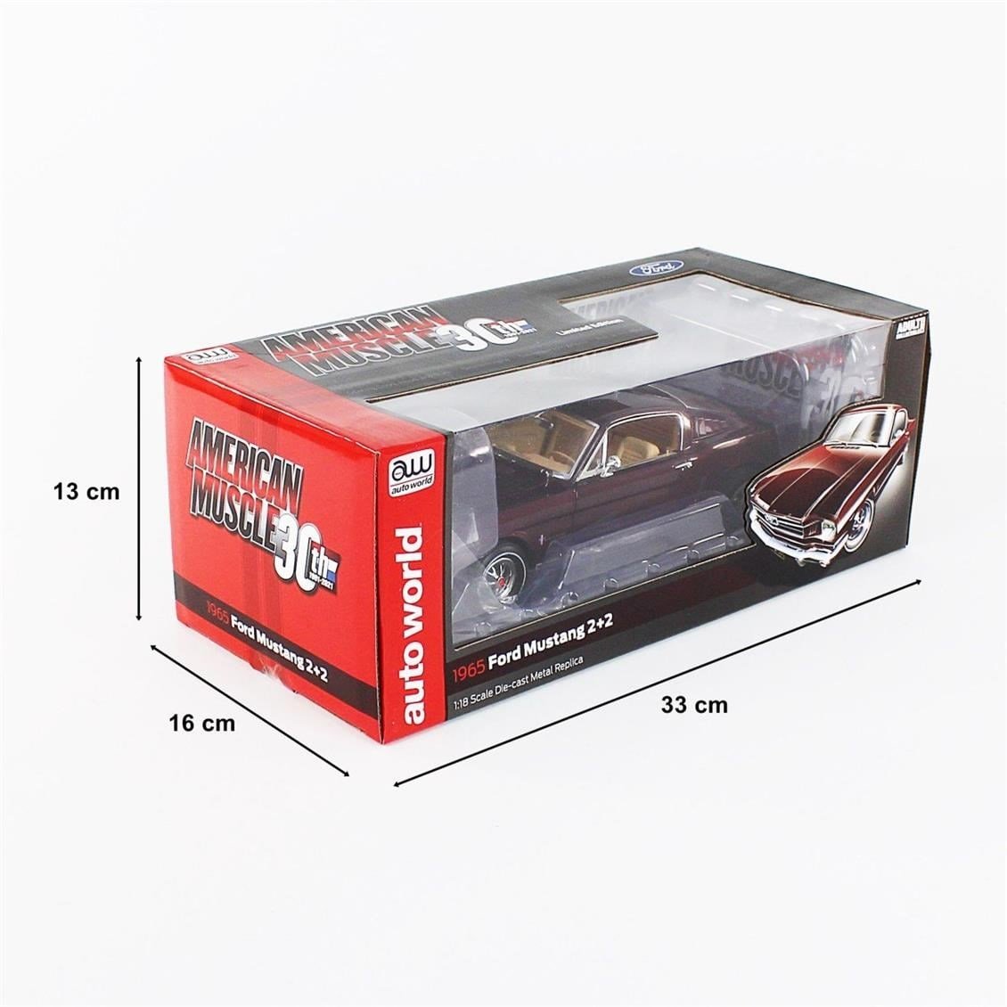 AutoWorld AMM1248 1/18 Ölçek, 1965 Ford Mustang 2+2, Vintage Burgundy, Sergilemeye Hazır Metal Araba Modeli